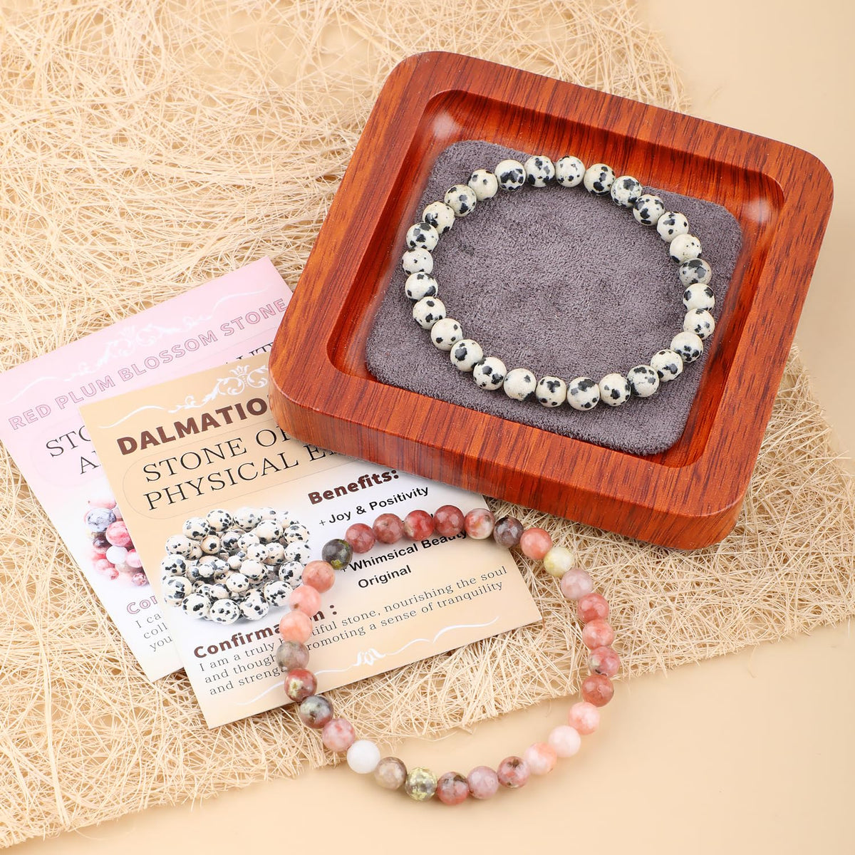 NCB 2-Piece 6mm Natural Crystal Gemstone Stretch Bracelets – ﻿Dalmation Jasper, Red Plum Blossom Stone Handmade Reiki Energy Healing Jewelry for Meditation,Yoga, Unisex
