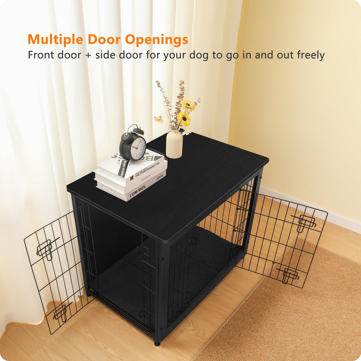 DWANTON Dog Crate Furniture with Cushion, Wooden Kennel Table with Double Doors, Indoor Dog House, Medium Size, 32.5" L, Black