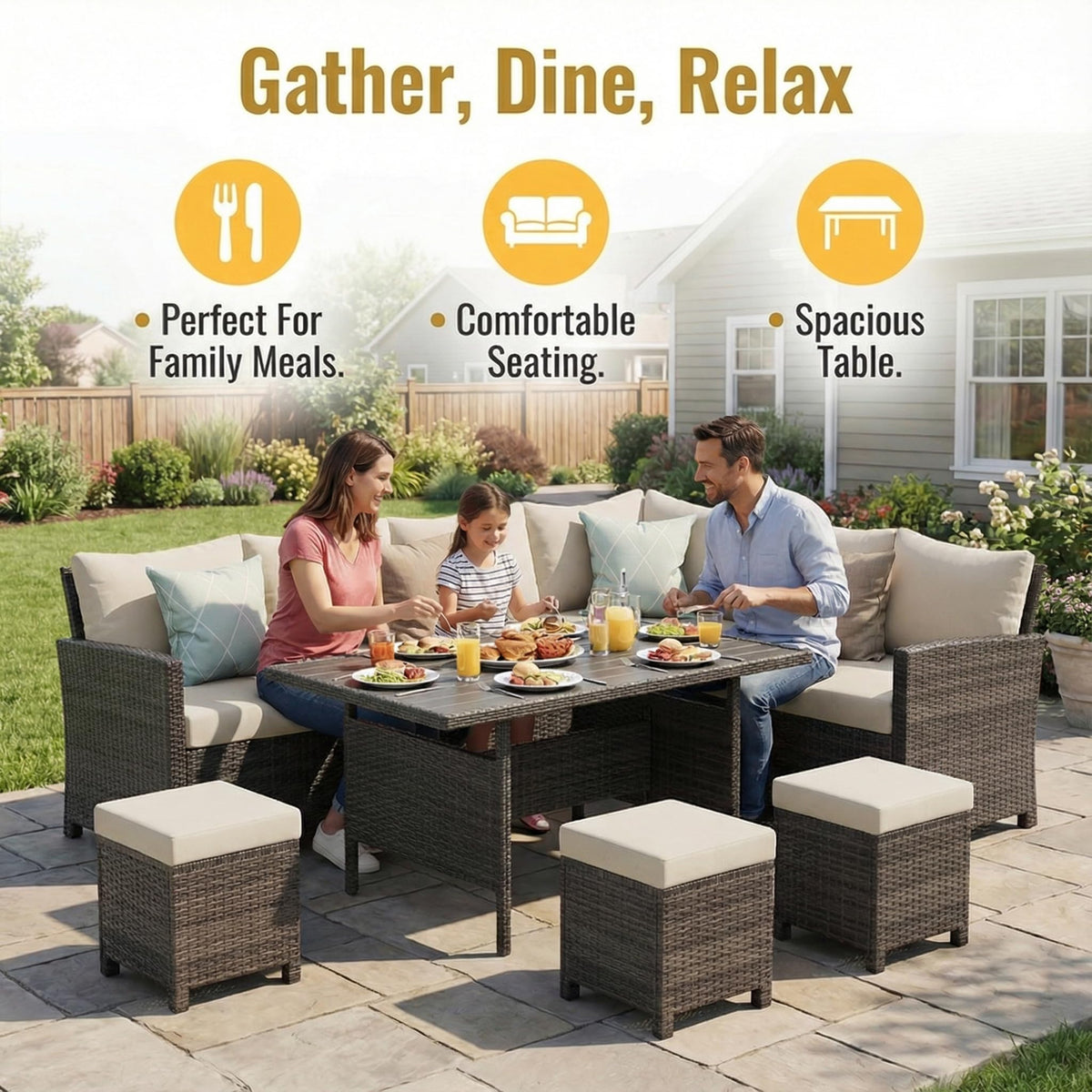 Wisteria Lane 7 Piece Patio Furniture Set, High Curved Back Wicker Patio Sectional, All Weather Outdoor Dining Set, Outdoor Furniture Patio Conversation Set with Ottoman, Ivory