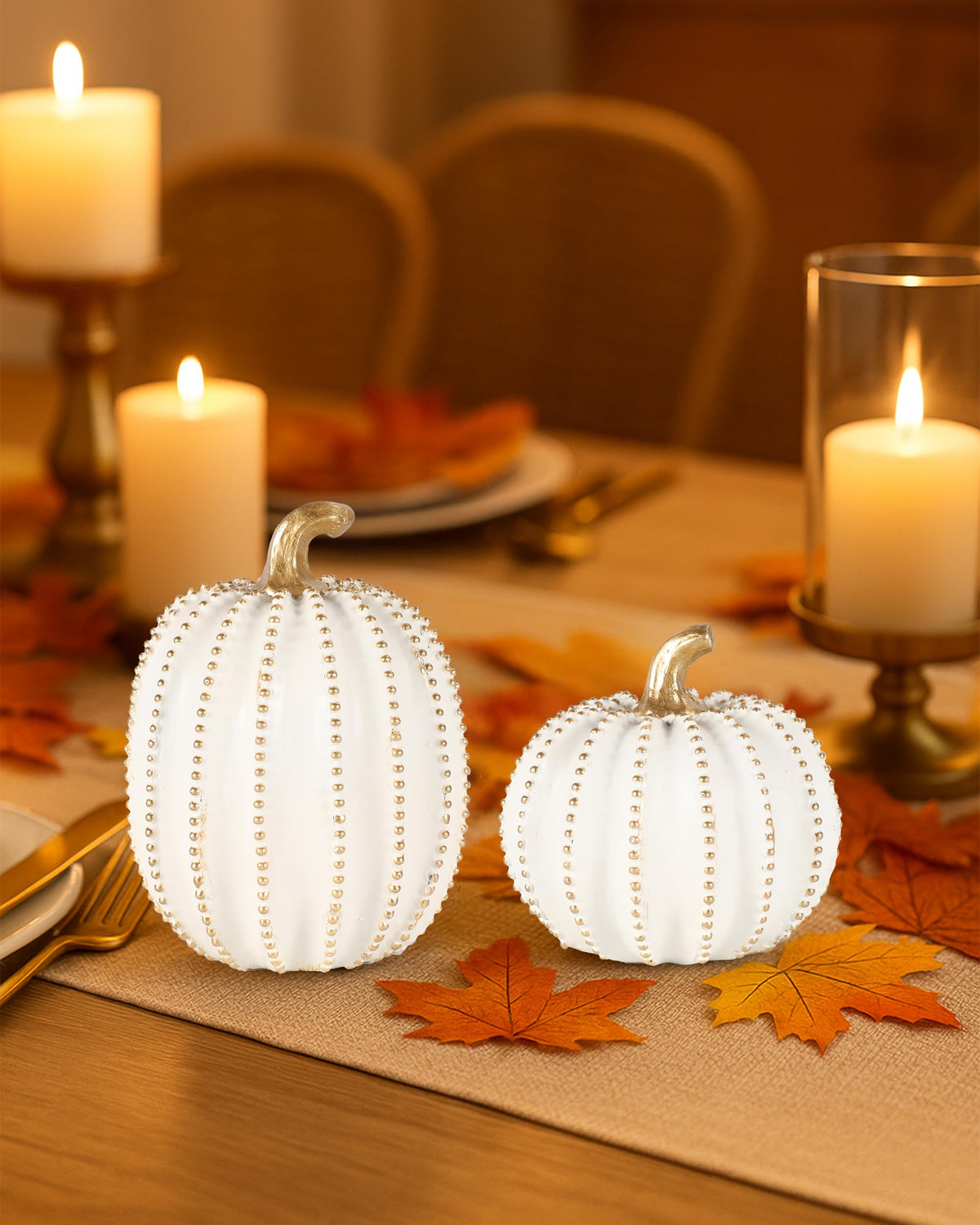 GoGnome Set of 2 White & Gold Decorative Pumpkins – Resin Fall Harvest Table Centerpiece, Elegant Autumn Décor for Thanksgiving Decoration Farmhouse Home (White)