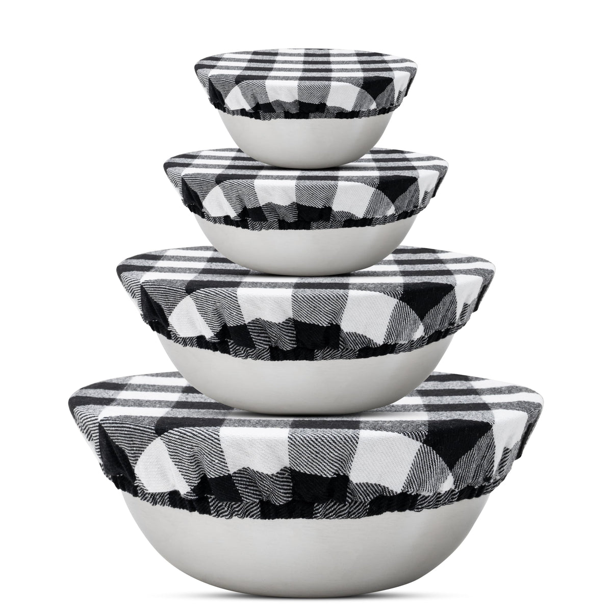 Reusable Elastic Bowl Covers - 100% Cotton Fabric Bowl Covers Set for Sourdough Bread and Mixing Bowls to Cover Dough, Fruits, Vegetables and Regulate Moisture (Black Plaid, 1XL, 1L, 1M, 1S)