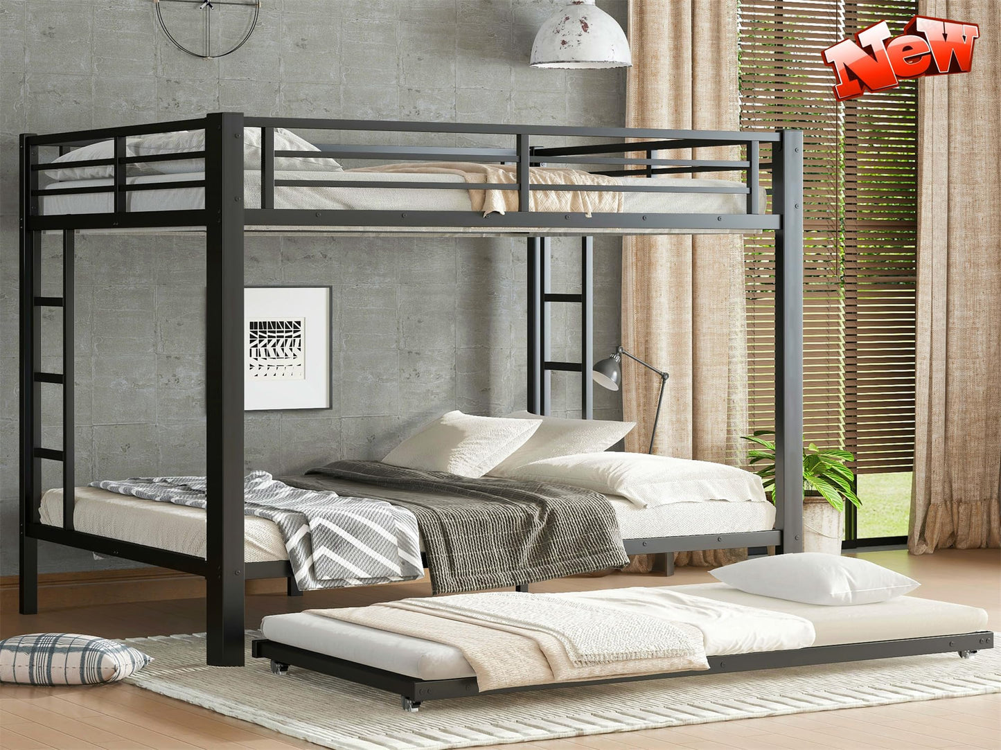 AOOMEEC Higher Quality & Stronger Metal Bunk Bed Queen Over Queen Size Bunkbed Frame, Thickened Heavy Duty More Stable Steel Bunk Bed with Twin Size Trundle (Queen Over Queen)