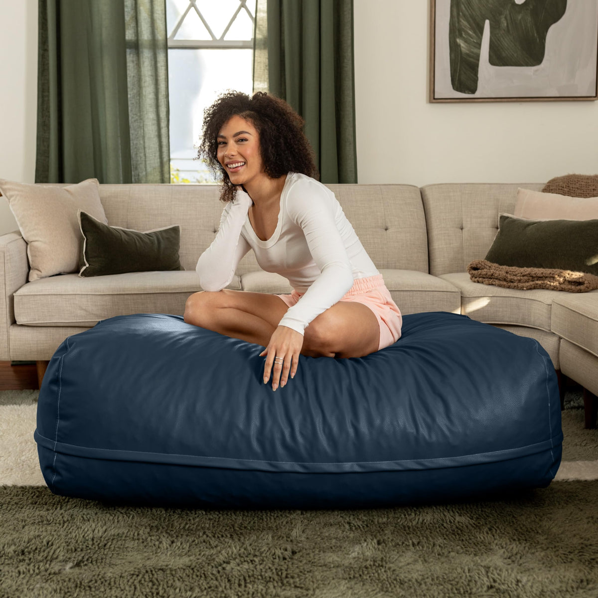 Atrium Collection Lino Ottoman - Oversized Large Couch Ottoman & Foam-Filled Lounger - Faux Leather - Oxford Blue