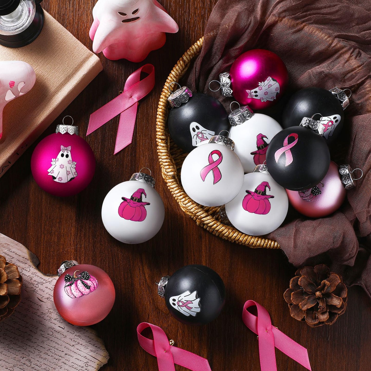 Arrowbash 12 Pcs Breast Cancer Halloween Ornaments 2.4 Inch Pink Ghost Ribbon Ball Decoration October Pink Pumpkin Bulb Ornaments Breast Cancer Awareness Halloween Decoration for Tree Home Party Decor