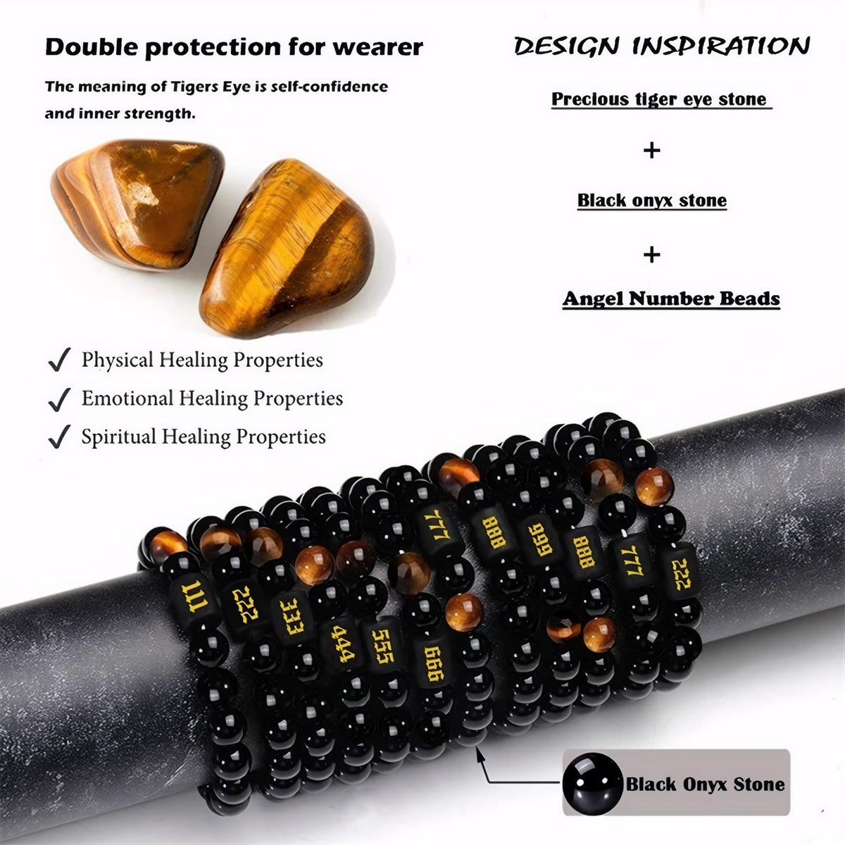 Angel Number Bracelet for Women – Black Onyx & Tiger Eye Adjustable Crystal Bracelet for Healing, Protection, Manifestation – Spiritual Jewelry Gift Box Included - 555