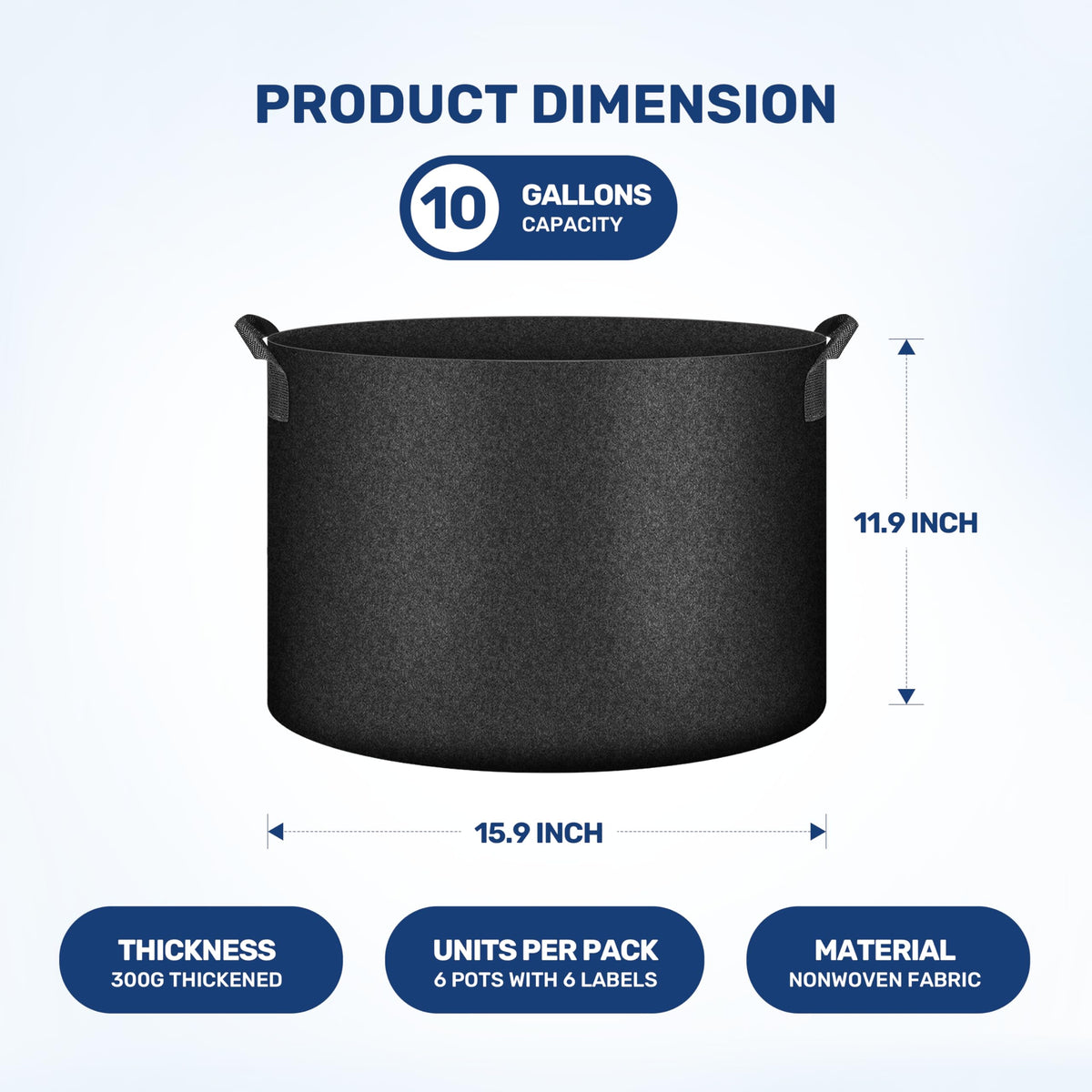 HealSmart 10 Gallon 6 Pack Nonwoven Grow Bags, Aeration Fabric Pots with Handles, Heavy Duty Garden Grow Pots for Tomato Vegetables Flowers, 6 Plant Labels, Black