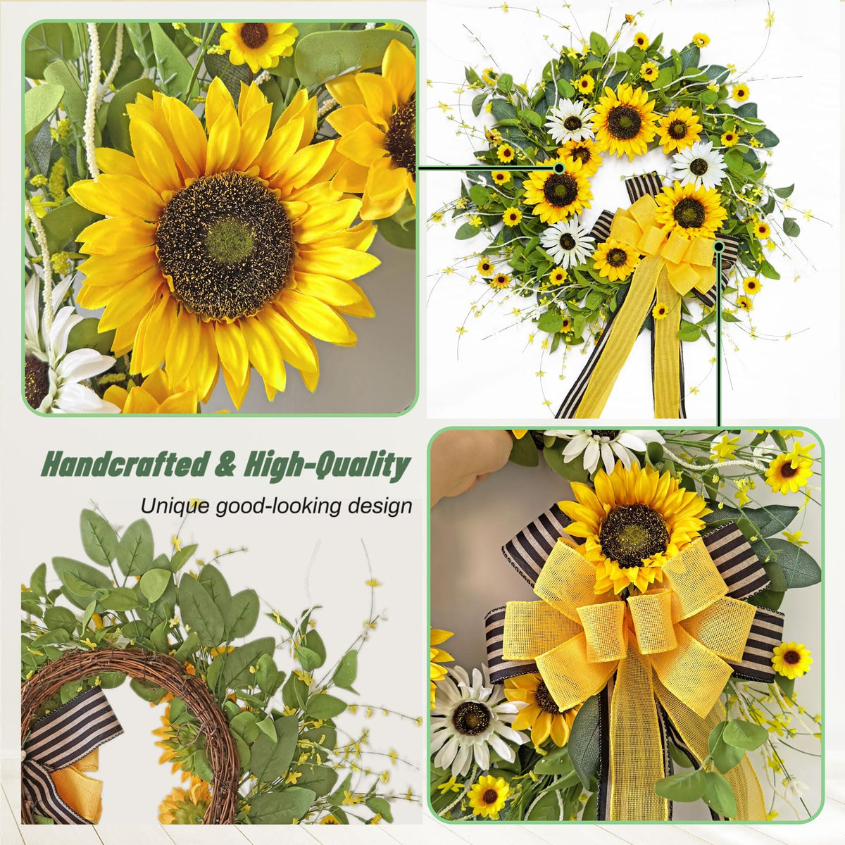 Sunflower Wreaths for Front Door, Soomeir Artificial Spring Summer Wreath with Burlap Bow, Door Wreath for Outside All Season Indoor Outdoor Home Wall Wedding Farmhouse Holiday