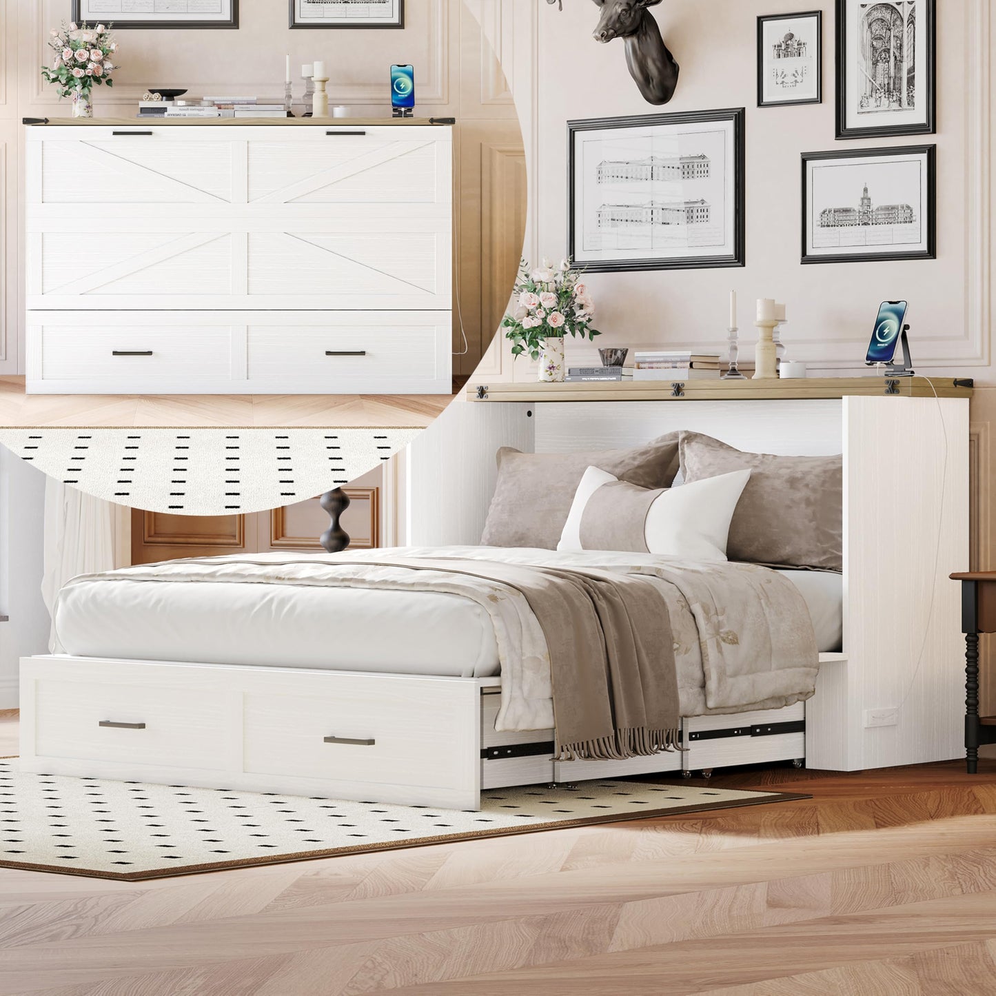 Ball & Cast Murphy Bed Queen,Farmhouse Hideaway Cabinet Bed with Charging Station and Large Storage Drawer,Foldable Wall Murphy Beds w/Slat Support,Space-Saving Furniture for Study,Office,White