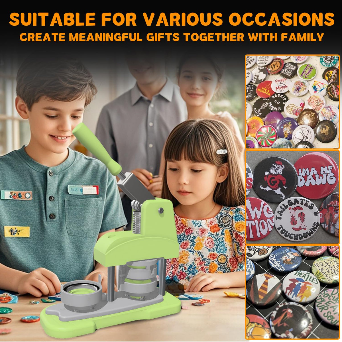 Green 58mm (2.25in) 5th Gen Button Maker Machine - Installation-Free DIY Pin Badge Press with Free Button Parts, Circle Cutter, Cutting Mat, Color Film & Pictures