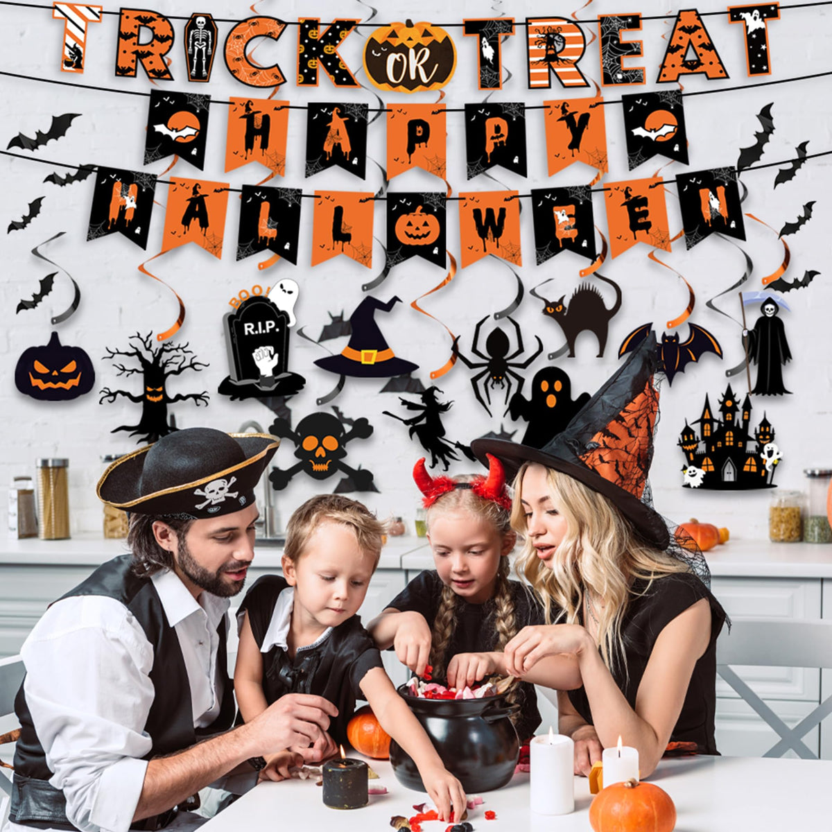 18 Pcs Halloween Party Decorations, Reusable Halloween Decor Indoor, Decorations Kit Included Happy Halloween Banner, Trick or Treat Banner, Ghost Pumpkin Ceiling Hanging Swirls Streamers