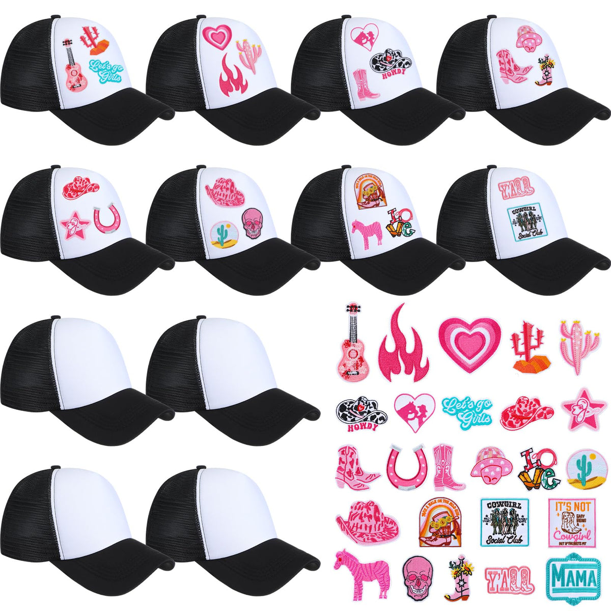 Hercicy 35PCS Western Cowgirl Trucker Hats DIY Kits, Sublimation Blank Baseball Caps Trucker Hat with Western Iron On Patches Pink Cowgirl Embroidered Patches for Bridal Shower Birthday Party