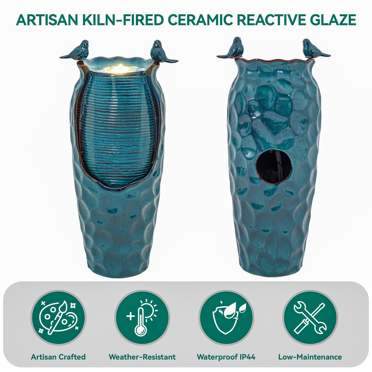 Autodaya 32.5" H Ceramic Jar Outdoor Fountain, Honeycomb Pot Water Feature with LED Lights, Soothing Trickling Waterfall for Garden, Patio, Yard, Balcony Oasis, KD Vivid Birds, Turquoise Glaze
