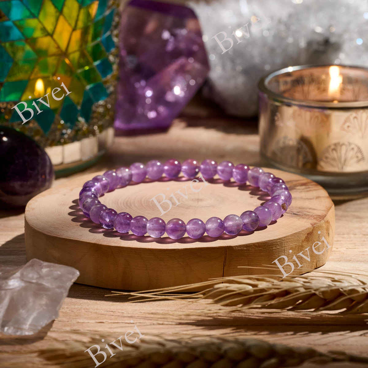 Bivei Amethyst - Tranquility - 6mm Beaded Bracelets for Women Handmade Semi Precious Natural Stone Stretch Elastic Jewelry for Women Yoga Protection Gifts Small