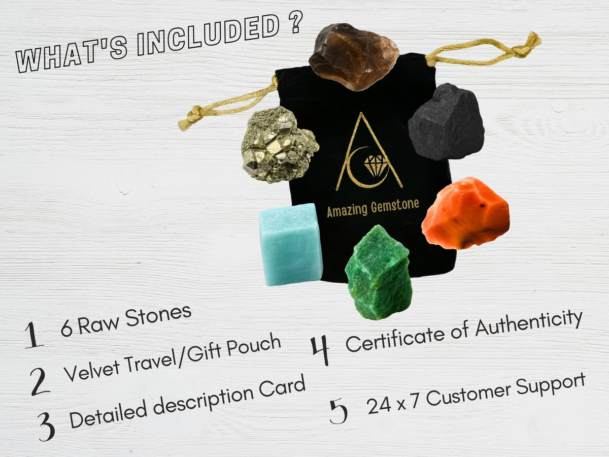 Amazing Gemstone Crystals for Workplace Manifestation, Set of 6 Green Aventurine, Smoky Quartz, Shungite, Carnelian, Pyrite and Amazonite Healing Crystals and Stones