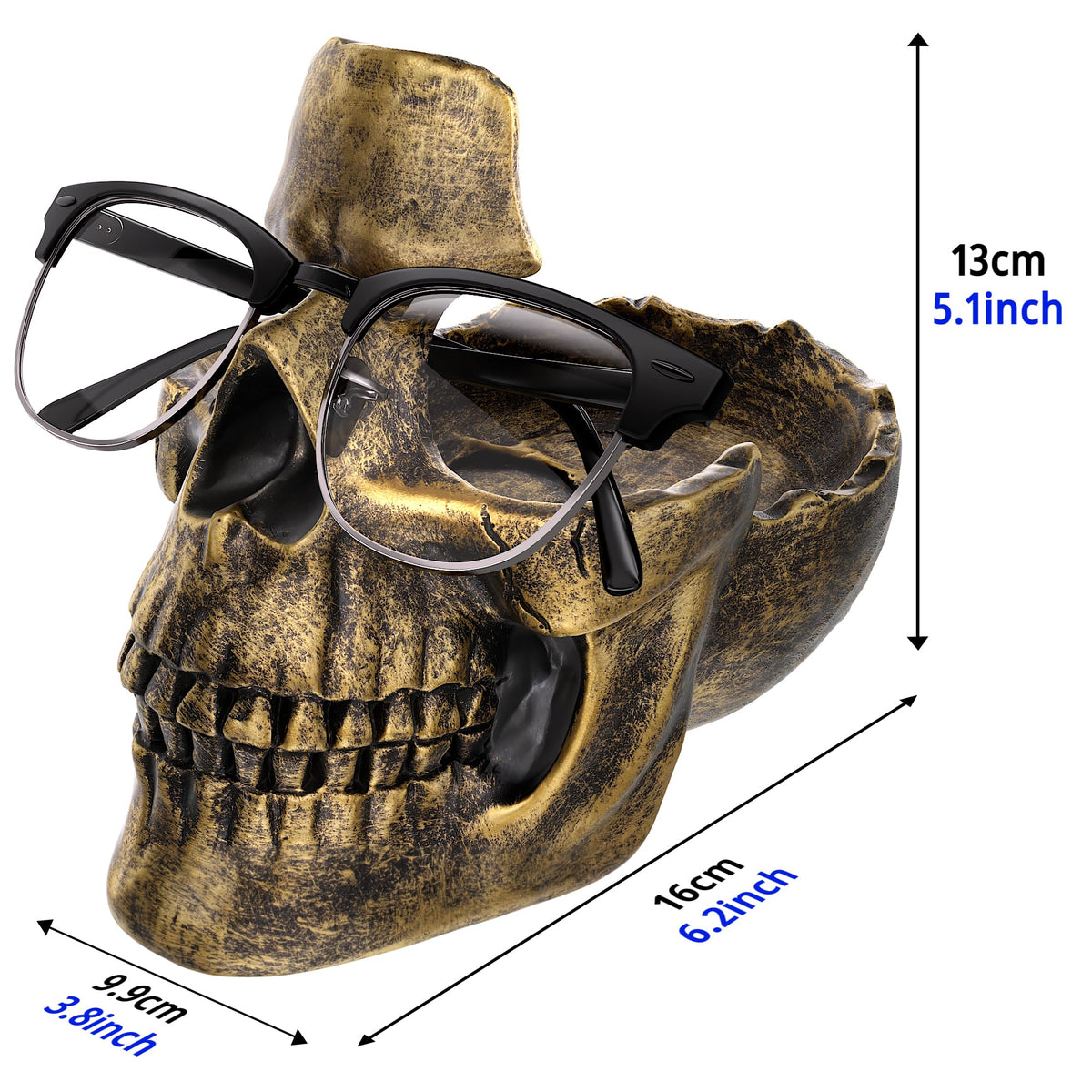 READAEER Skull Glasses Stand Holder, Creative Eyeglasses Holder, Sunglasses Spectacle Display Rack, Key Holder Resin Sculptures for Entryway, Home, Office, Desk, Nightstand (Bronze)