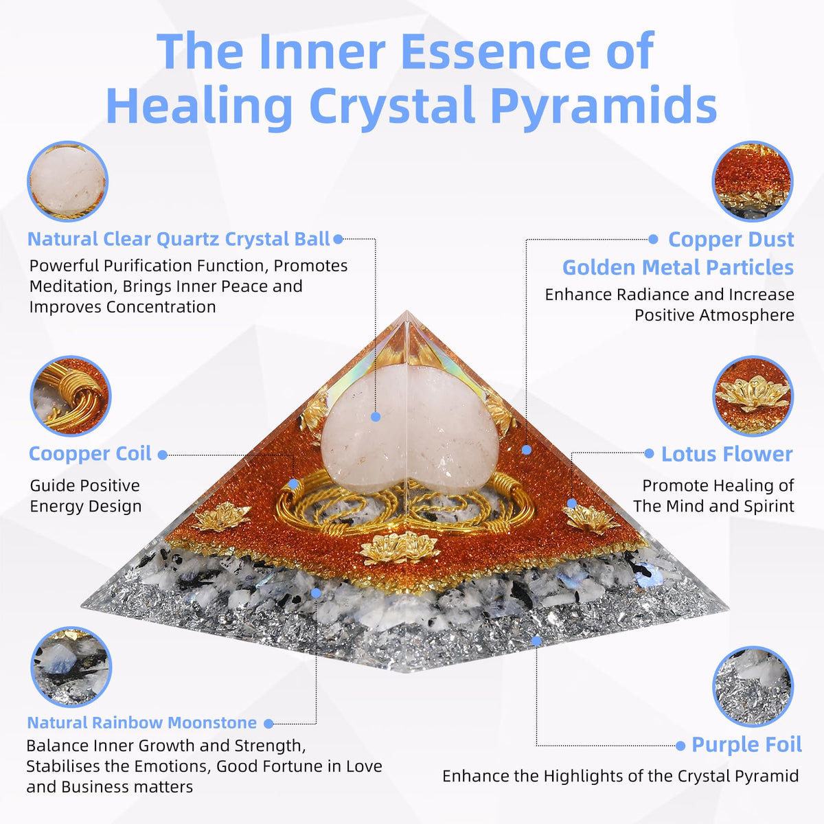 Hopeseed Orgone Crystal Pyramid Orgonite Rainbow Moonstone&White Crystal Stones Healing Crystals Pyramid for Positive Energ Reduce Stress Meditation Chakra Attracts Lucky and Success Spiritual Gifts