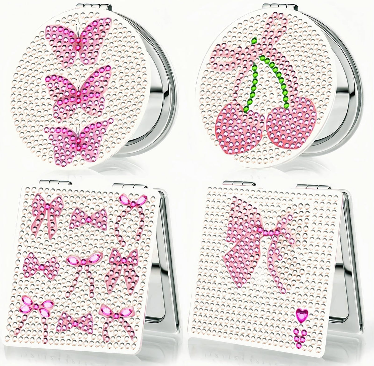 Bulerrylulu 4 Pcs Diamond Painting Compact Mirror Gem Art Mirror Pink Pocket Mirror Compact Diamond Art Small kit for Beginners Adults DIY Art Craft Woman Gifts