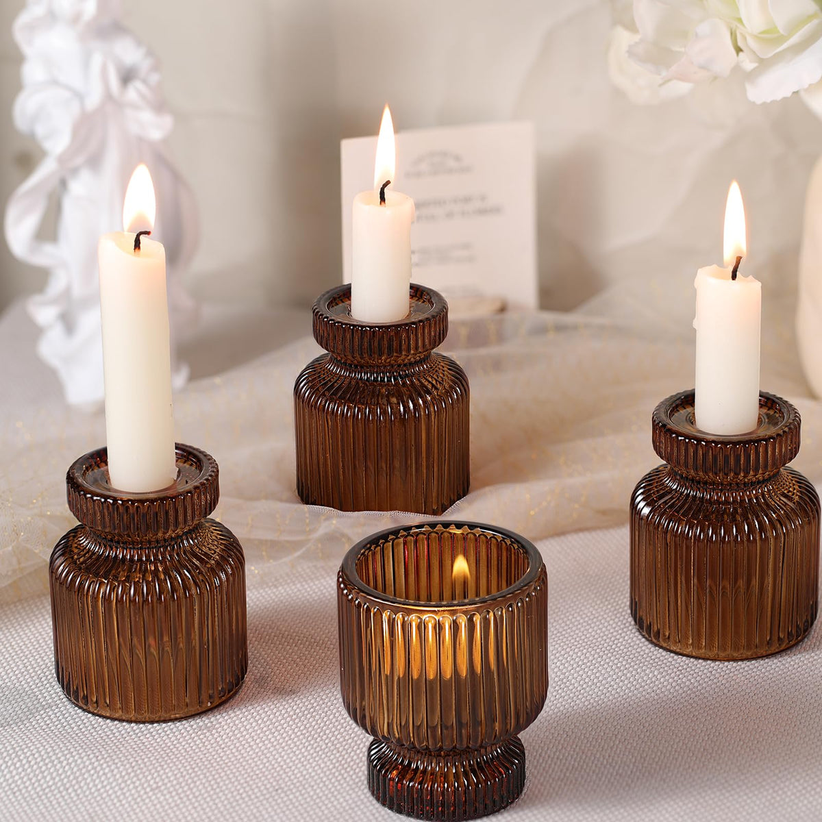 DARJEN 12 Pcs Glass Candlestick Holders- Amber Taper Candlestick Holders Tealight Votive Candle Holders for Table Centerpieces, Wedding, Dinner Party, Home Decor