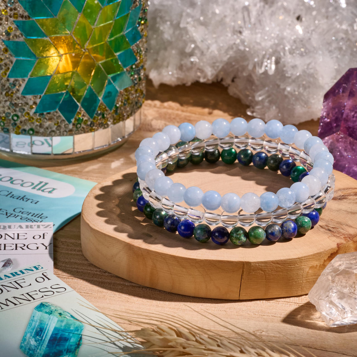 Bivei 3-Piece 8mm Beaded Bracelets for Women - Chrysocolla, Clear Quartz, Aquamarine - Handmade Natural Crystal Stretch Elastic Jewelry Yoga Meditation Protection Gifts