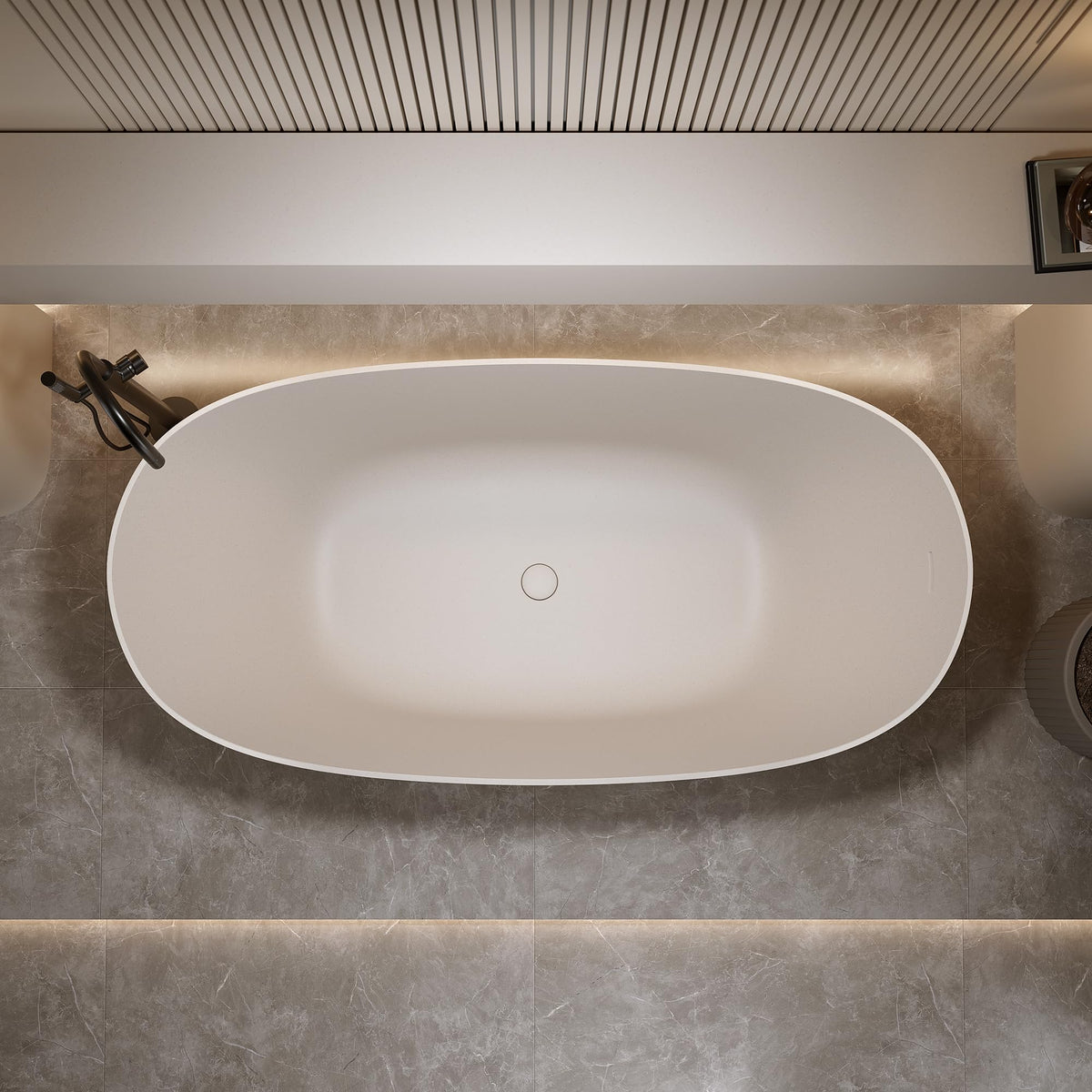 KEIKI 69" Freestanding Bathtub, Resin Stone Soaking Bathtub Solid Surface Modern Tubs with Overflow and Pop-up Drain, Beige
