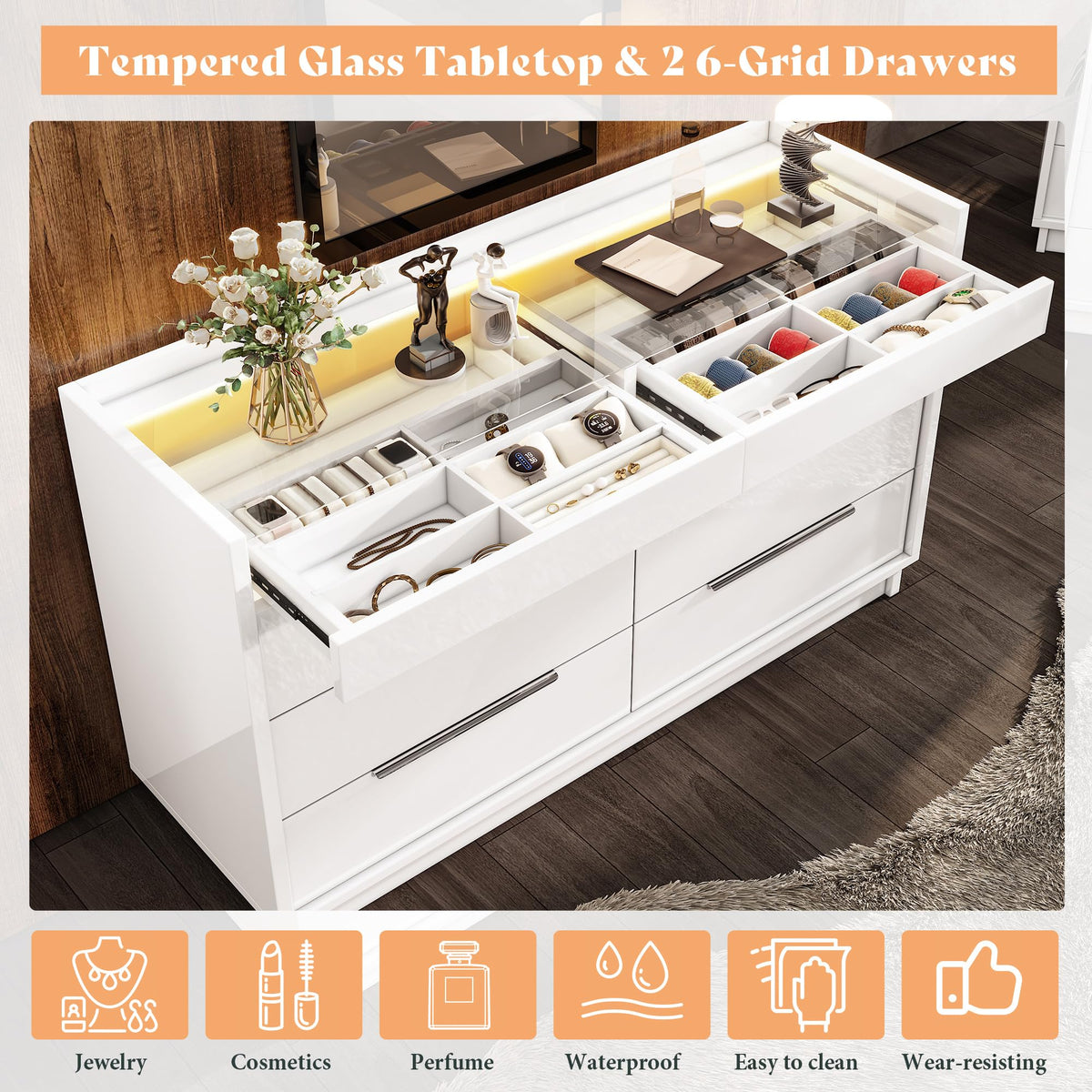 AMERLIFE 47.2" W 8 Drawer Dresser with LED Light & Glass Top, Modern High Gloss Storage Chest with 2 Jewelry Drawers, Storage Organizer for Bedroom, White