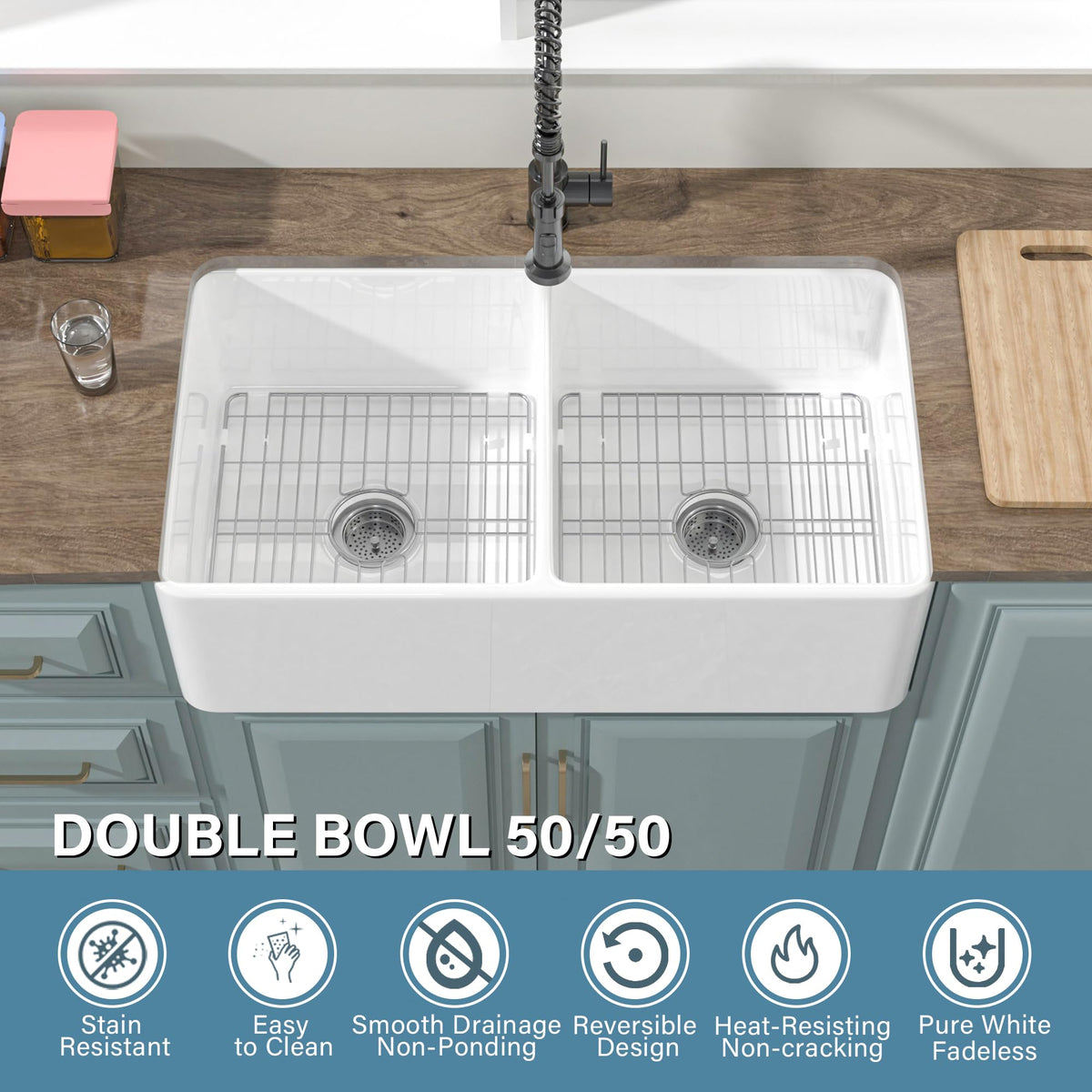 HOMLYLINK Double Bowl Farmhouse Sink White 33 x 18 Inch, Firecaly Apron Front Undermount Farm Sink Reversible(Sleek & Fluted Optional), Heavy-duty Dual Basin 50/50, for Kitchen