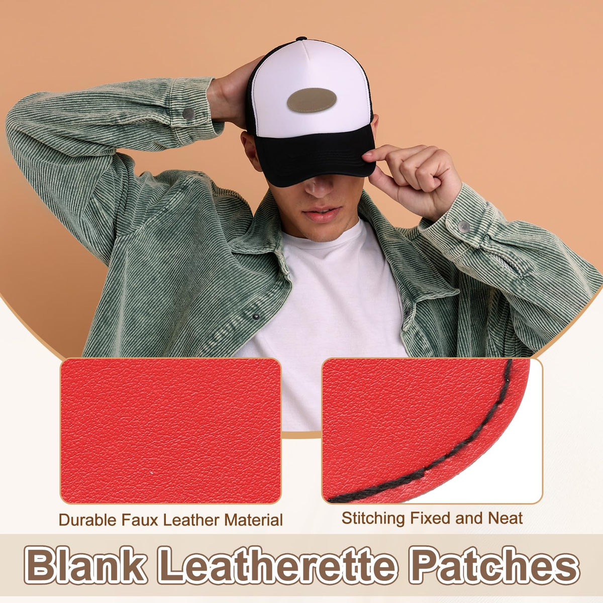 MECCANIXITY Blank Leatherette Patches, 3x2 Inch Oval Faux Leather Hats Patches with Adhesive Iron-on Heat Press Laserable Rustic for Hats DIY Fabric Repair Sew(Red, Pack of 60)