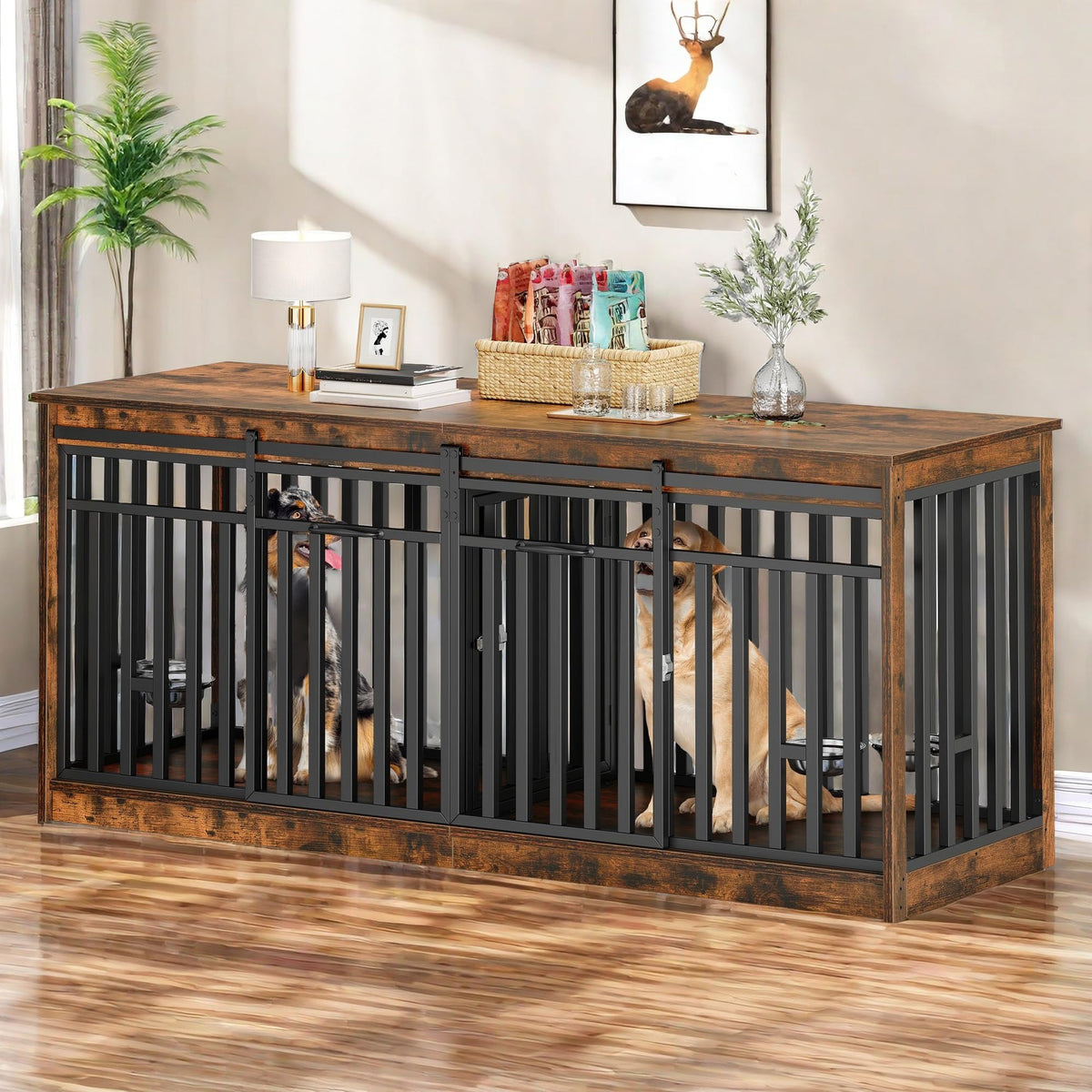 YITAHOME 71" Double Dog Crate Furniture with 4 Dog Bowls, Heavy Duty Wooden Dog Crate TV Stand, Dog Kennel Indoor Furniture Sliding Barn Door Design for Extra Large Dogs, Rustic Brown