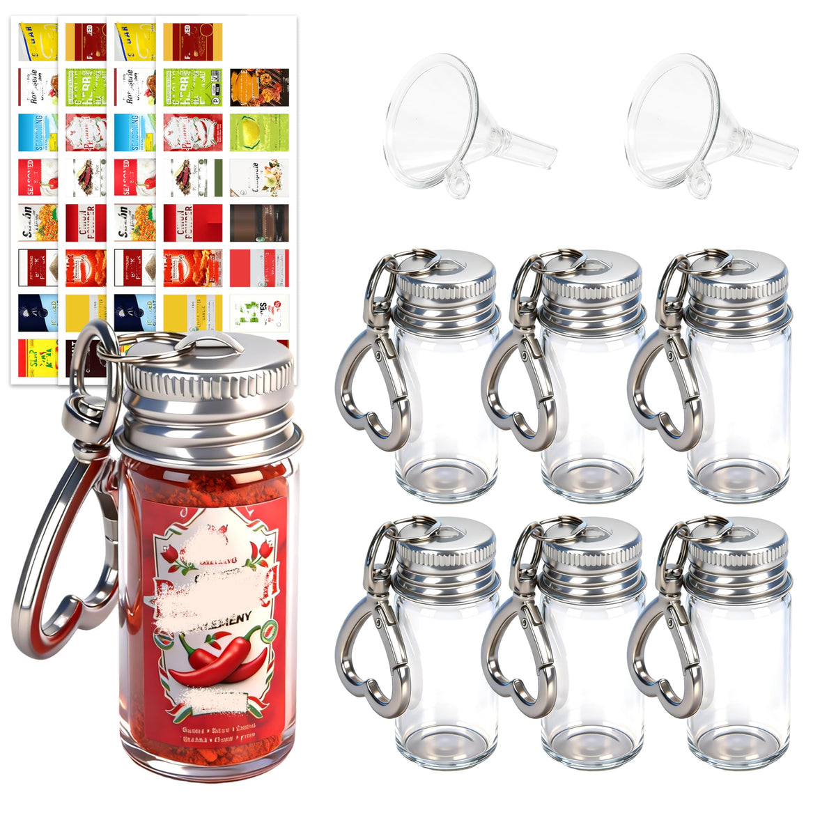 FANTOVO Mini Seasoning Keychain Bottle Set, 6 Pcs Empty Spice Jar with Mini Funnels & DIY Stickers of 30 Styles, On-the-Go Airtight Keychain Holders for Travel, Outdoors, Lunchboxes, Camping, 6+2+4 Total.