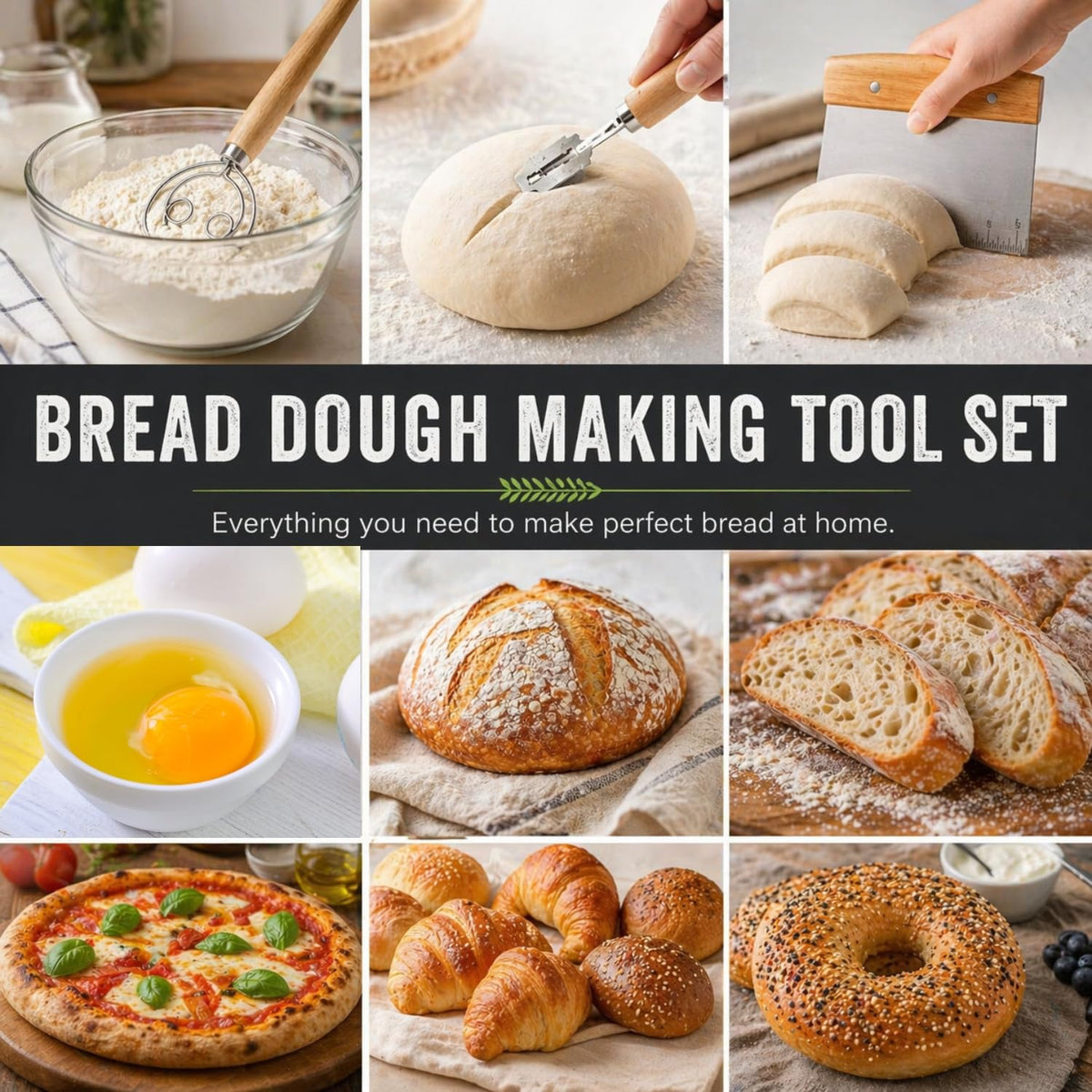 BOORIKA Sourdough Bread Baking Tool Set with Danish Dough Whisk, Bread Lame & Blades, Bench Scraper, Dough Scrapers and Silicone Brush – Sourdough Starter Kit
