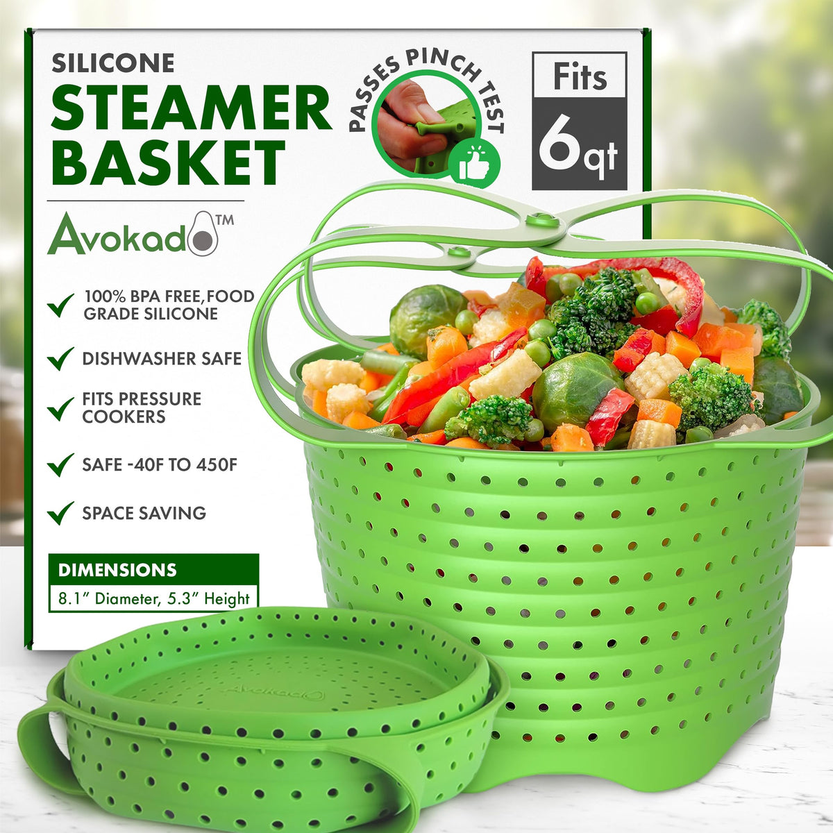 Avokado Silicone Steamer Basket for 6qt Instant Pot [3qt, 8qt avail], Other Pressure Cookers - 100% Food Safe, BPA-Free, Dishwasher Safe Collapsible Vegetable Steamer Basket & Strainer