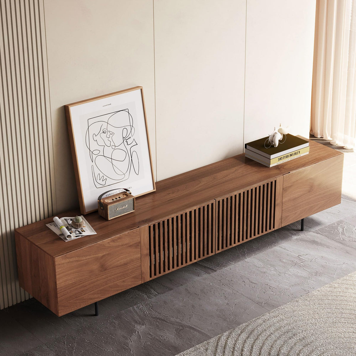 NessCarsti Mid Century Modern TV Stand for 80+ Inch TVs, 94.48" Walnut Console with Ample Storage – Stylish Entertainment Center for Living Room or Bedroom