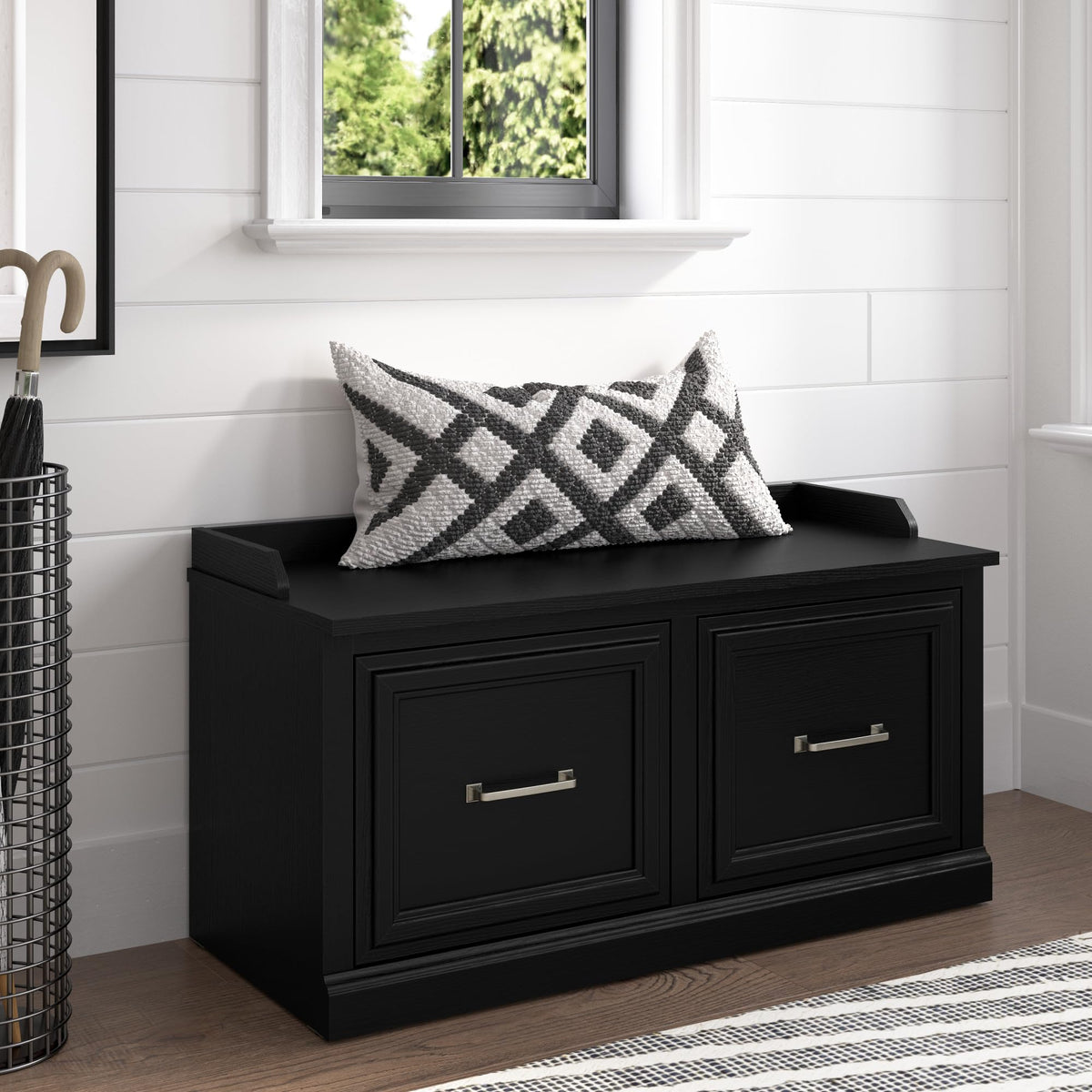 Bush Furniture Woodland 40W Shoe Storage Bench with Doors in Black Suede Oak | Footwear Organizer for Home Entryway, Mudroom, and Foyer
