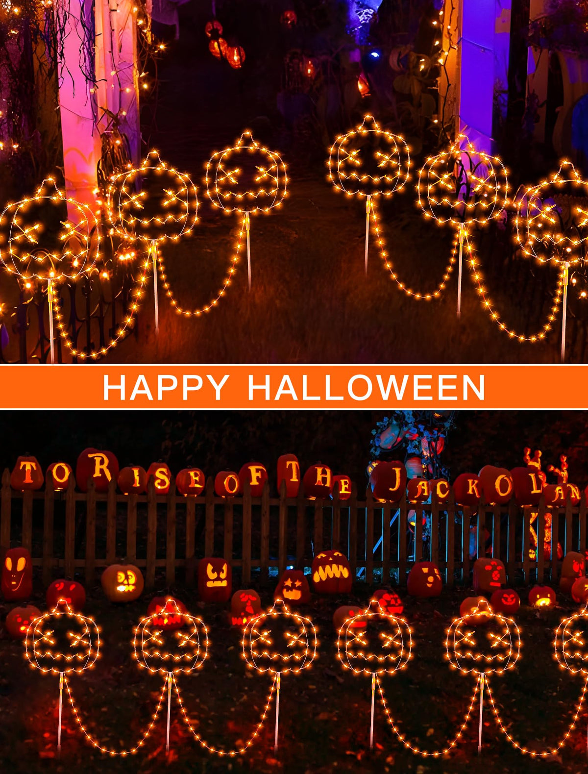Qunlight Halloween Walkway Lights,163LED Outdoor Pumpkin Decorations Light Plug in,Timer 8 Modes Garden Stake String Lights for Pathway,Fence,Patio,Yard,Party,Halloween Decor-Orange
