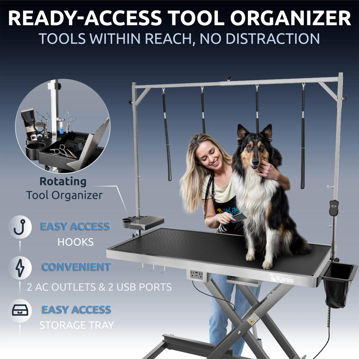 KANIS Professional Electric Dog Grooming Table - Heavy Duty, Height Adjustable Pet Grooming Table w/Leveling Wheels, Dog Grooming Arm, Anti-Slip Tabletop & Tool Organizer (Grey, 49")