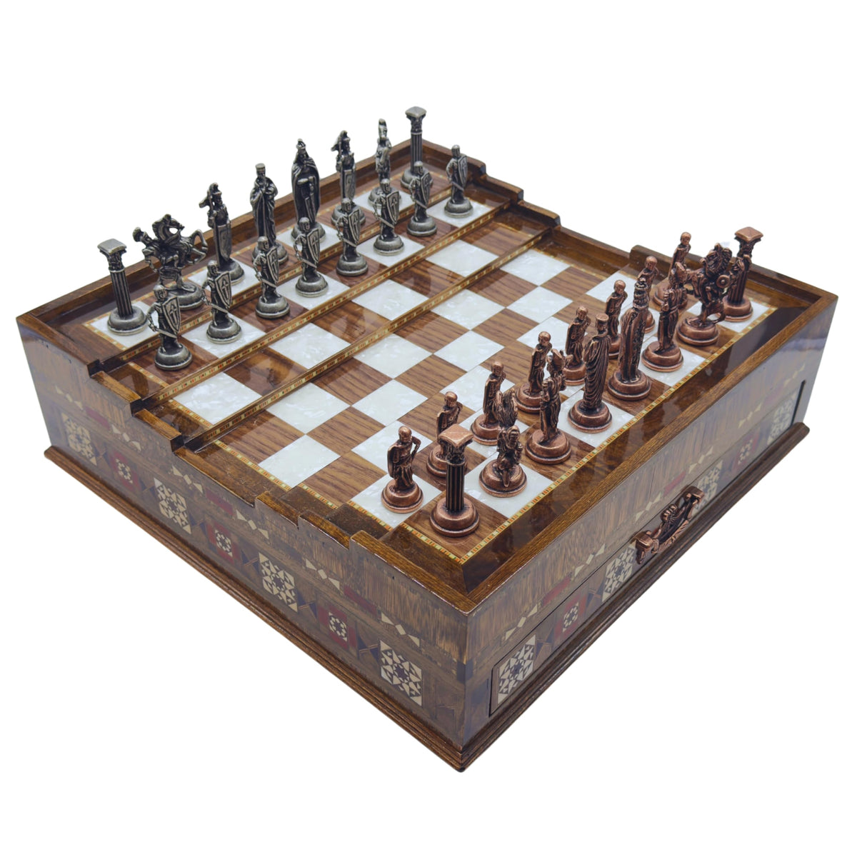 Luxury Handmade Wooden Chess Set with Metal Pieces – Large Walnut & Rosewood Chess Board with Storage Drawers – British Style Chess Pieces for Father’s Day, Birthday, or Christmas