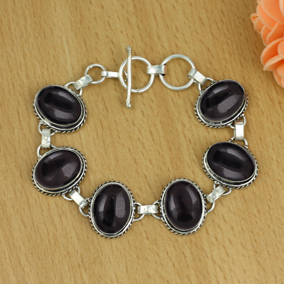 Natural Black Onyx Silver Plated Handmade Link Bracelet for Women - July Birthstone Oval Gemstone Adjustable Bracelet Vintage Style Jewelry - Wedding Christmas Gifts for Her
