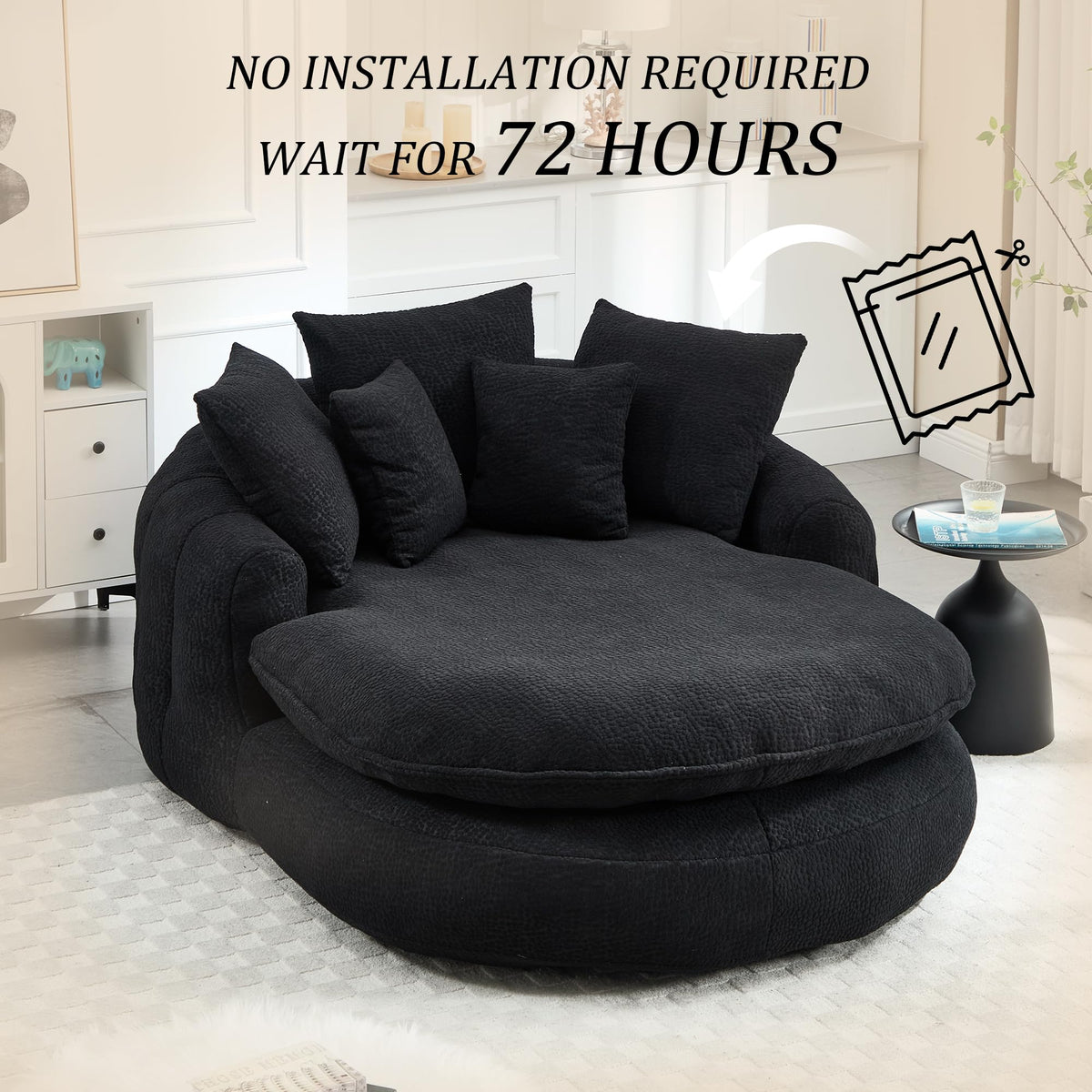 Oversized Oval Bean Bag Sofa, Chenille Fabric Floor Lounger with 5 Pillows and Wrap-Around Backrest for Adults, Large Lazy Sofa for Living Room and Game Room, Black
