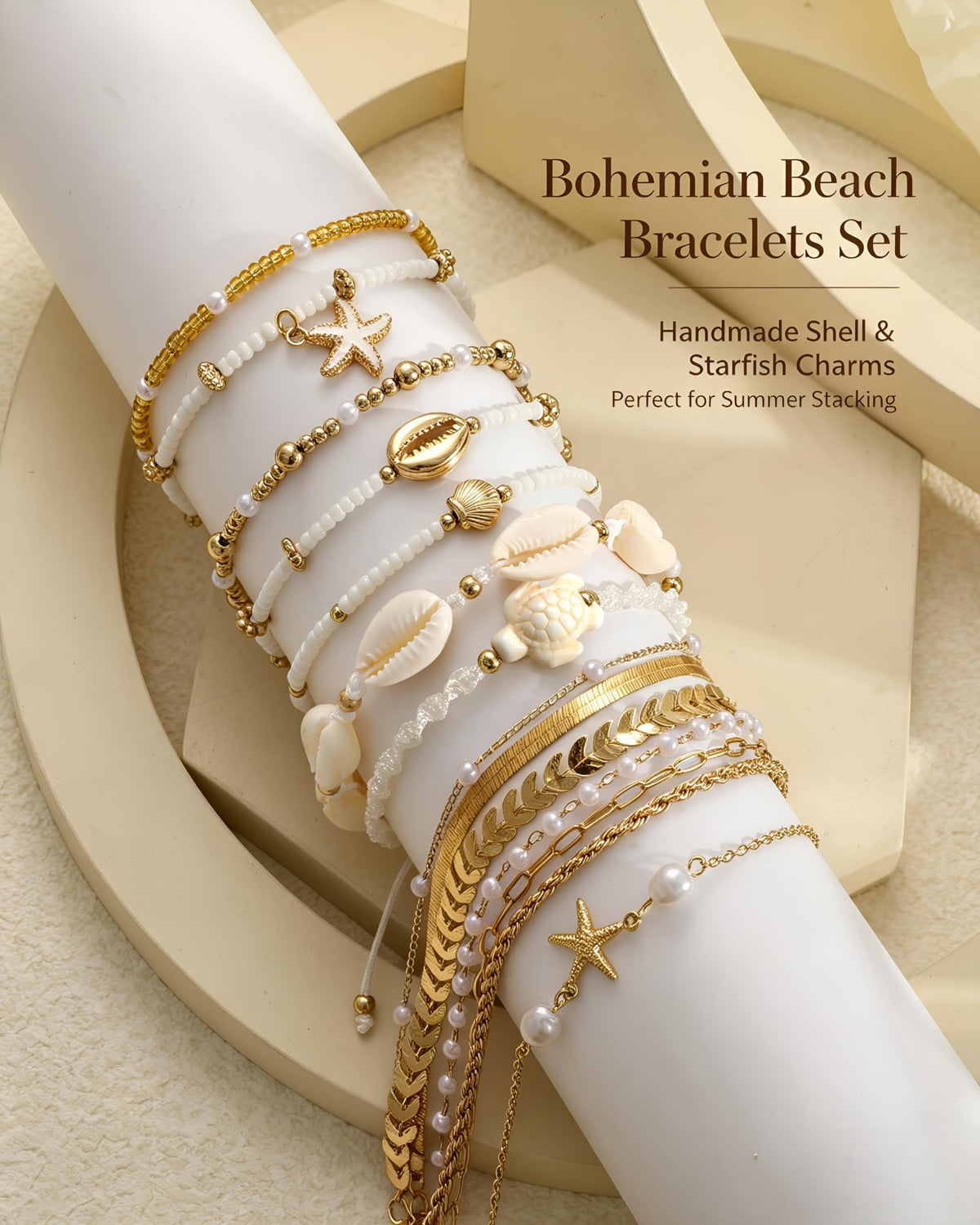 FAXHION Boho Gold Beaded Bracelets for Women, Starfish & Shell Pendant Bracelet Stack, Gold Bracelet Set Summer Beach Jewelry Gifts