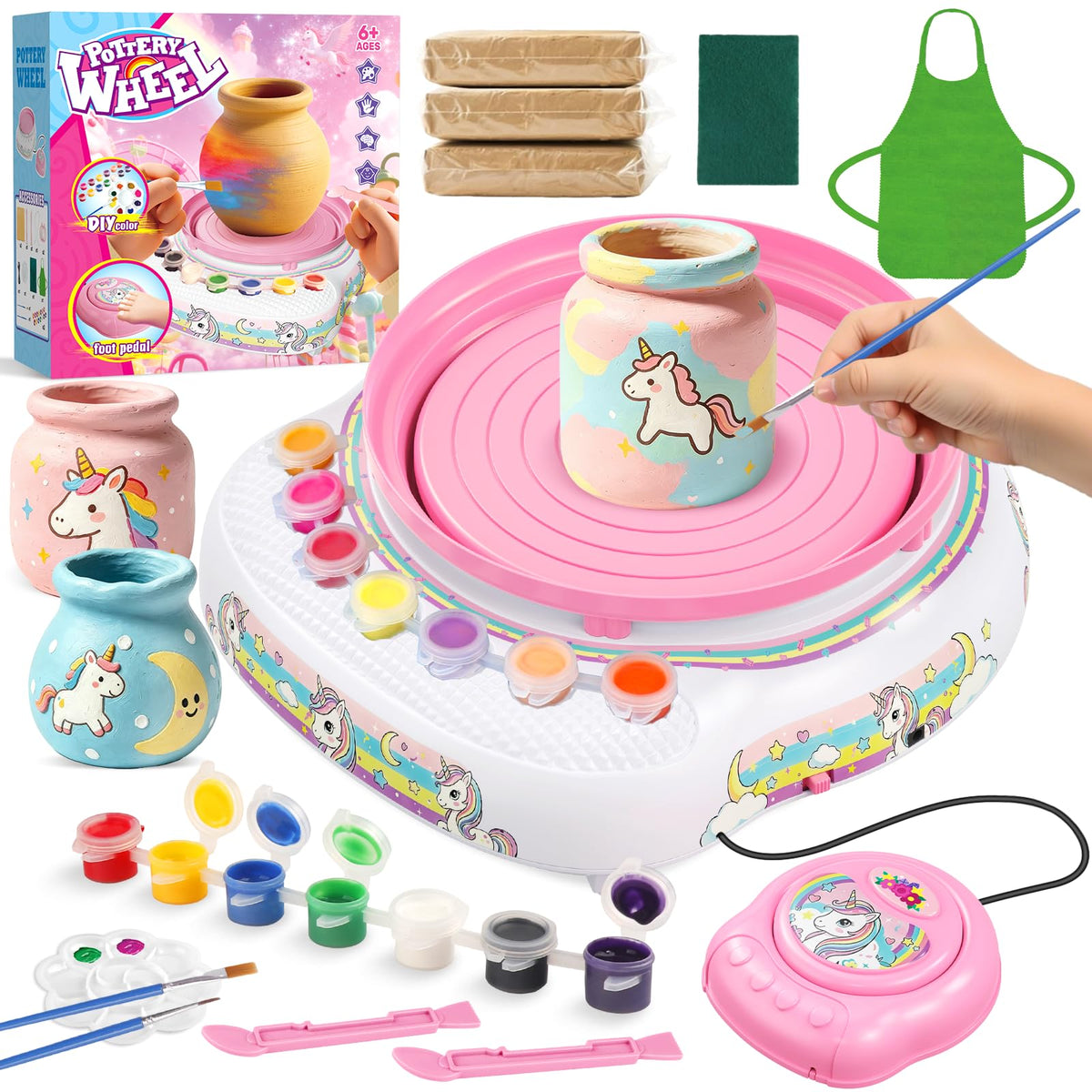 Pottery Wheel for Kids Complete DIY Pottery Painting Kit, Arts and Crafts for Kids Ages 8-12 with 3 Air-Dry Clay Packs and Tools, Unicorn Art Supplies Toys Birthday Gift for Boys Girls 6+ Years Old