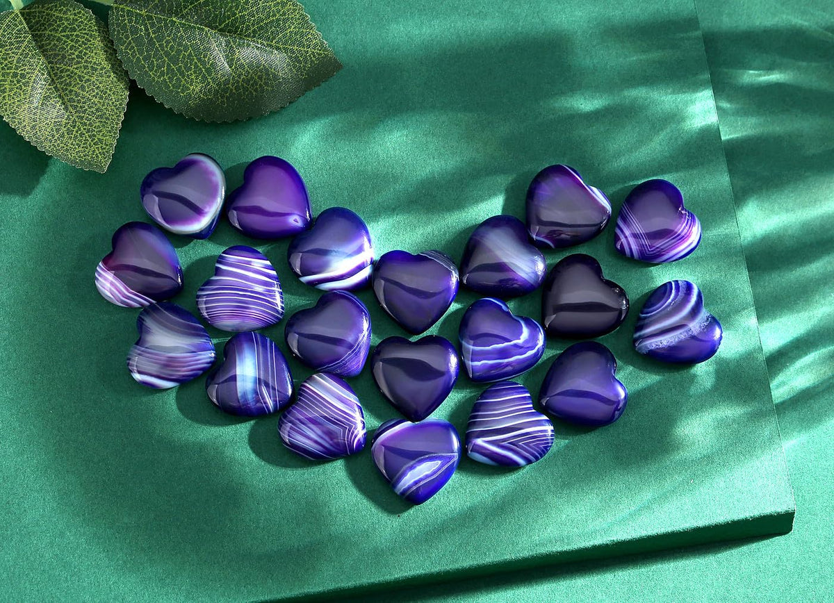 QINJIEJIE 20PCS Purple Agate Heart Stones Crystals Bulk Love Shaped Worry Stone Heart Rock Pocket Polished Palm Gems Crystal Reiki Balancing Wholesale Carved Stone Decor Gift