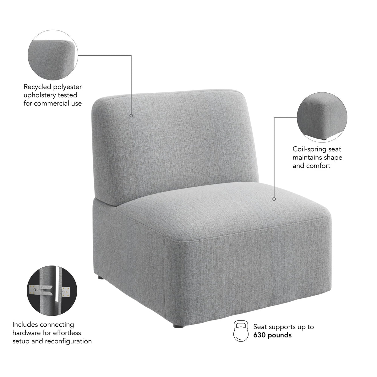 Bush Business Furniture Modular Armless Lounge Chair, Guest Seating for Lobby or Reception Area, Assemble Collection, Fog Fabric