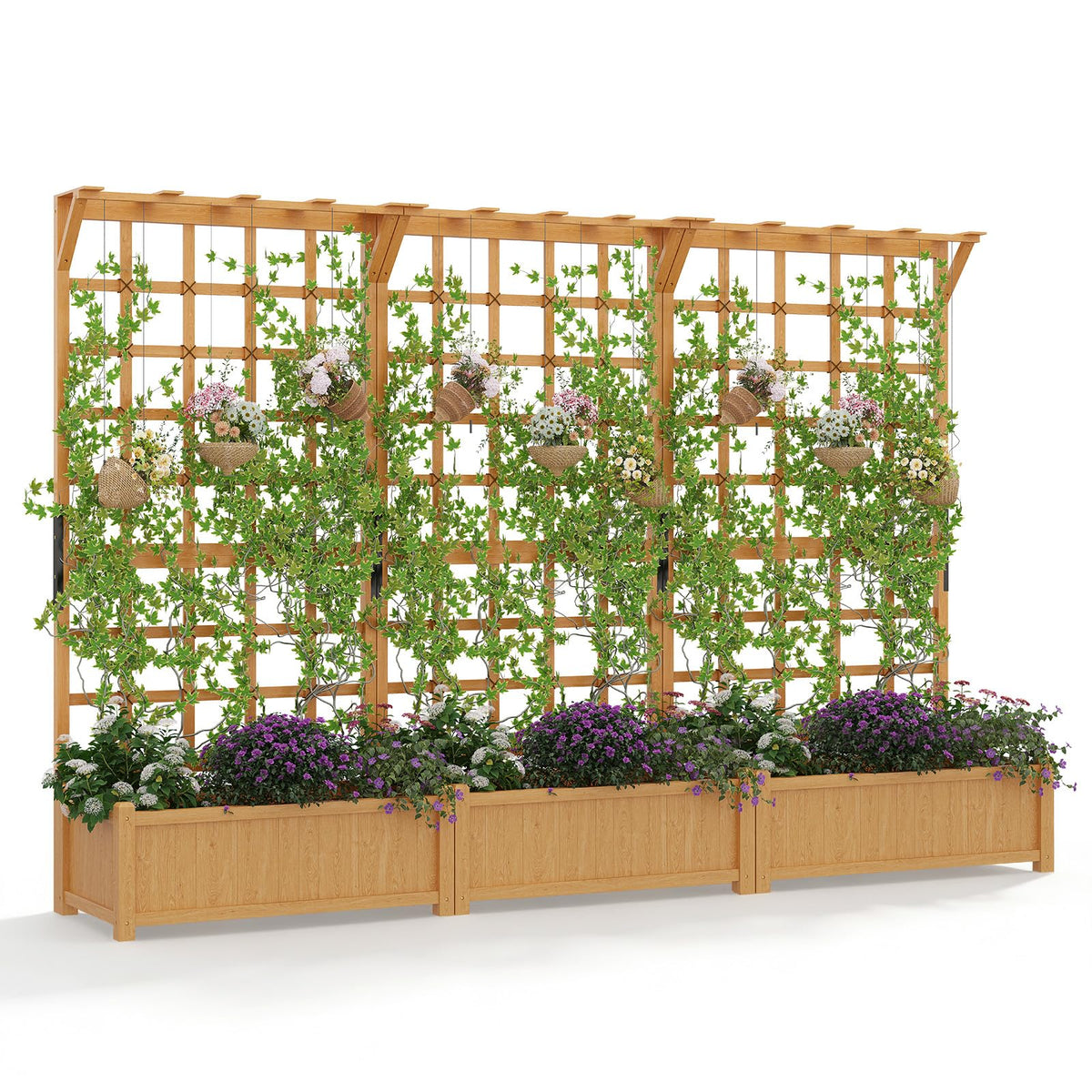Aoxun 108" Wooden Raised Garden Bed with Trellis & Hanging Roof, 3-Piece Plant Planter Boxes for Climbing Vines, Flowers & Plants