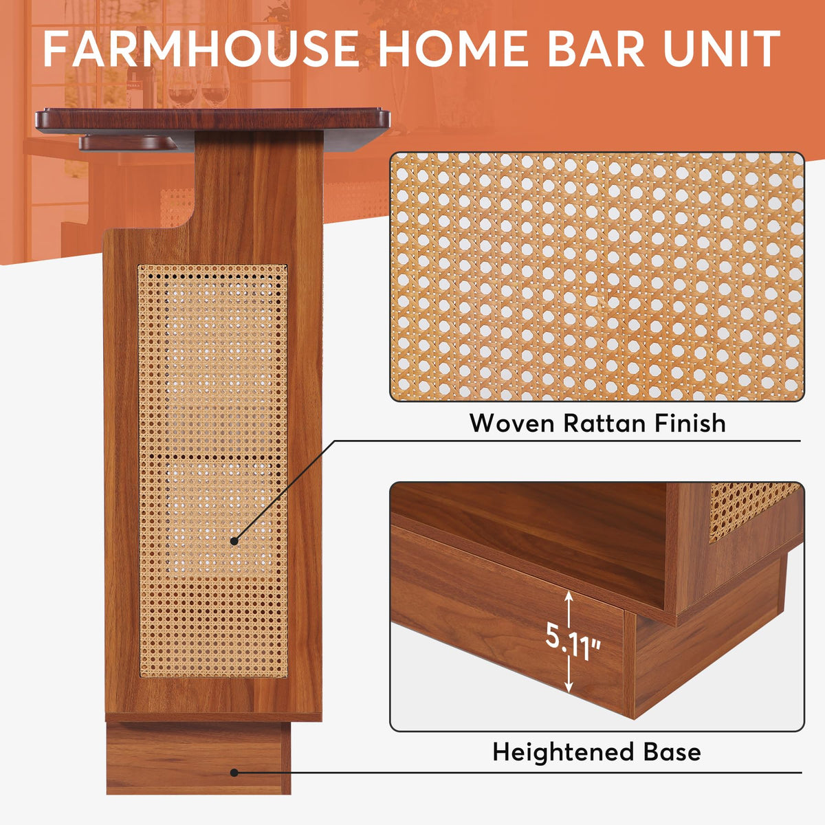 Tribesigns Rattan Home Bar Unit, Farmhouse 4-Tier Bar Table with 4 Stemware Racks and Heightened Base, Liquor Wine Bar Cabinet Mini Bar Table for Home Pub, Caramel Brown