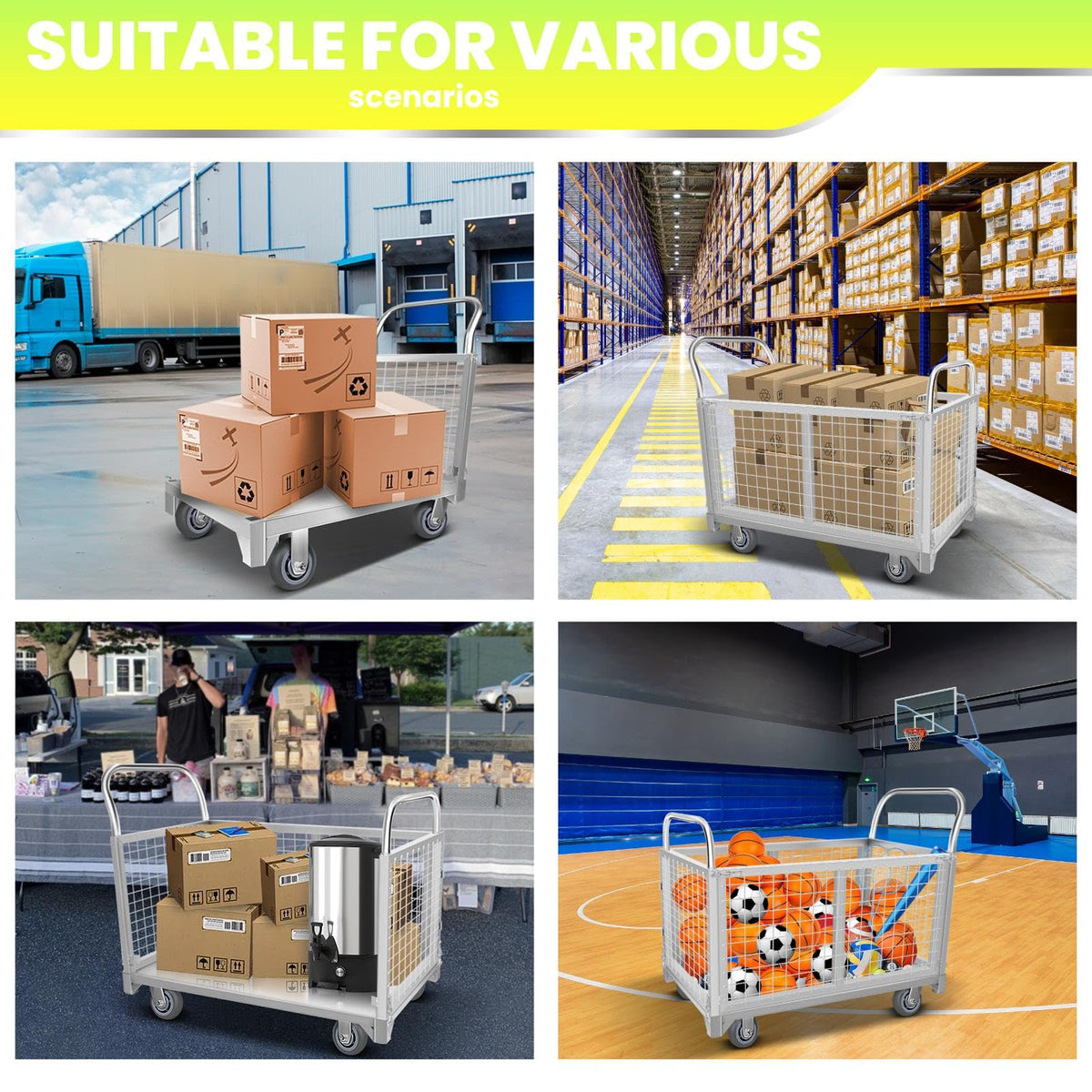 2200LBS Capacity Reinforced Flatbed Truck for Warehouses, Heavy-Duty Platform Truck Cart with Cage, Maneuverable Platform Trucks with 360° Wheels, Versatile Platform Truck for Home & Business.