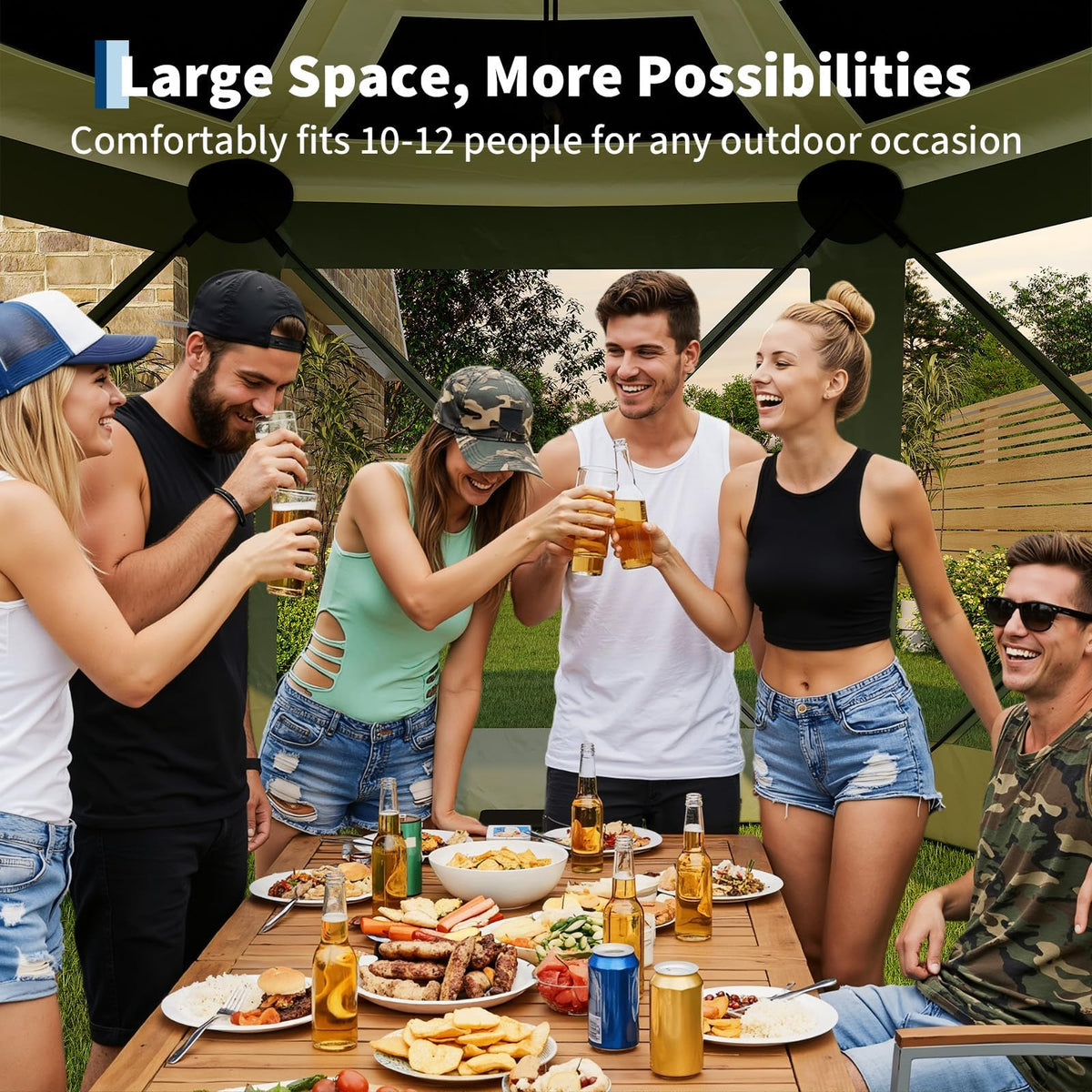 11.5x11.5FT Pop Up Canopy Tent 6 Sided Hexagon Screened Shelter with Mesh Windows, Portable Outdoor Gazebo Tent with Carry Bag, Stakes for Camping Backyard Lawn Patio