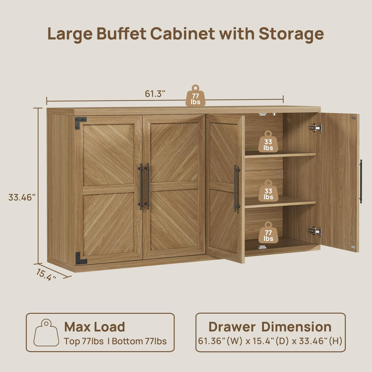 SICOTAS Buffet Cabinet with 4 Doors, Modern Sideboard Cabinet with Storage and Adjustable Shelves, Large Credenza Storage Cabinet (1, Oak Brown)