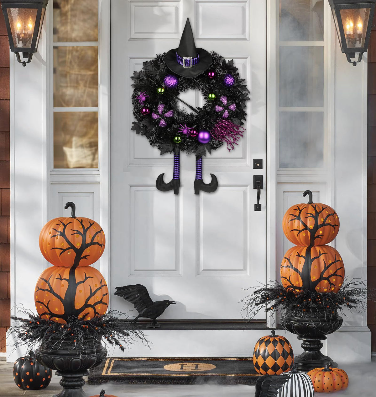 Halloween Wreath for Front Door 26" Tinsel Black Witch Wreath with Hat Legs and Purple Pumpkin for Fall Autumn Indoor Window Door Thanksgiving Halloween Decorations