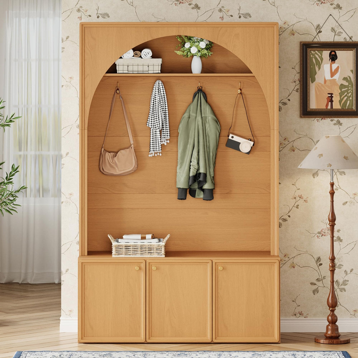 Merax Farmhouse Hall Tree with Bench and 3 Cabinets, 4-in-1 Entryway Coat Rack with 4 Golden Hooks and Top Compartments, 77.5" Retro Arched Entryway Hall Tree for Hallway, Mudroom, Entrance, Natural