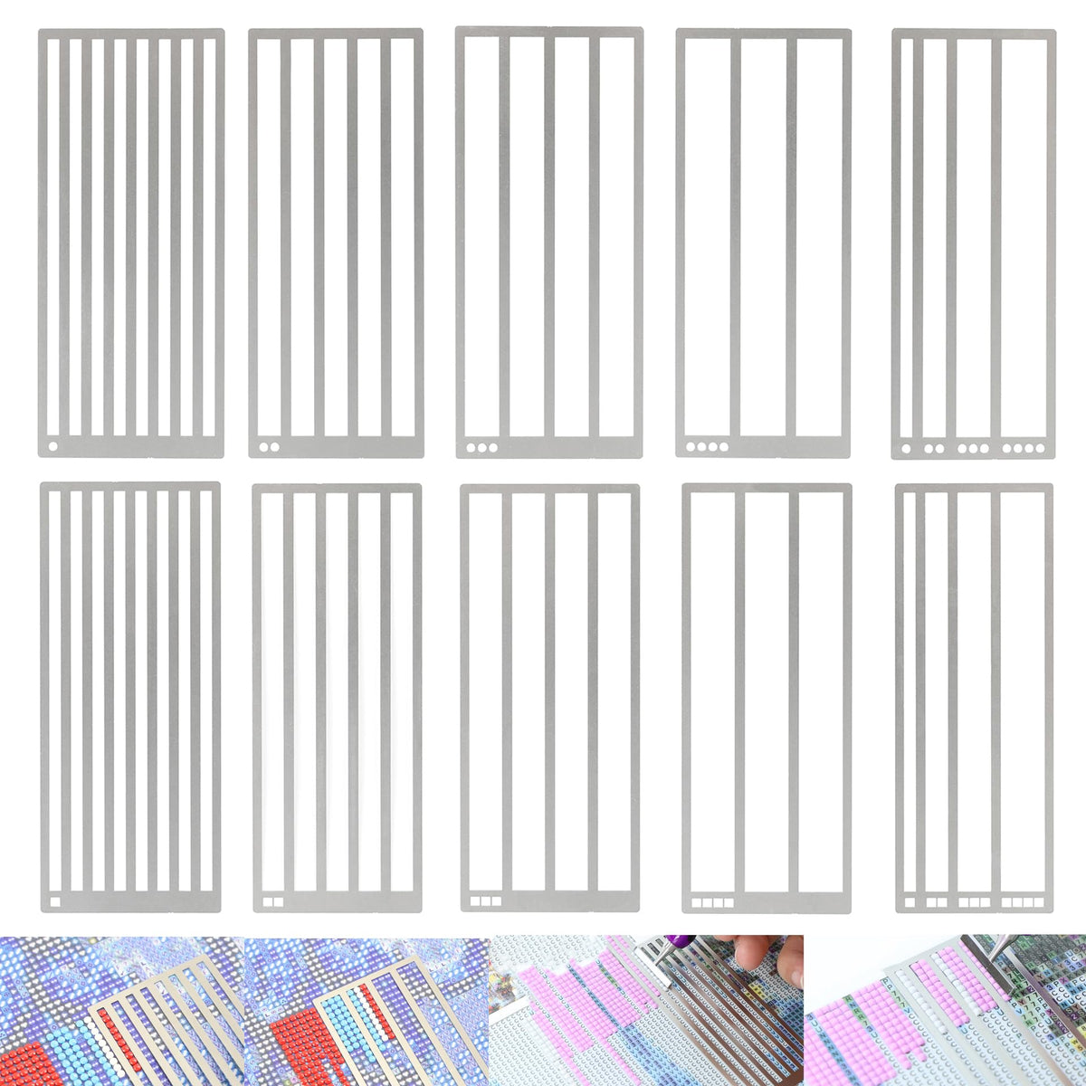 10 Pieces Diamond Painting Ruler Stainless Steel DiamondArt Ruler Alignment Tool, 1/2/3/4 Row for Round and Square Diamond Painting Tools for Full or Partial Diamonds, Diamond Painting Guide